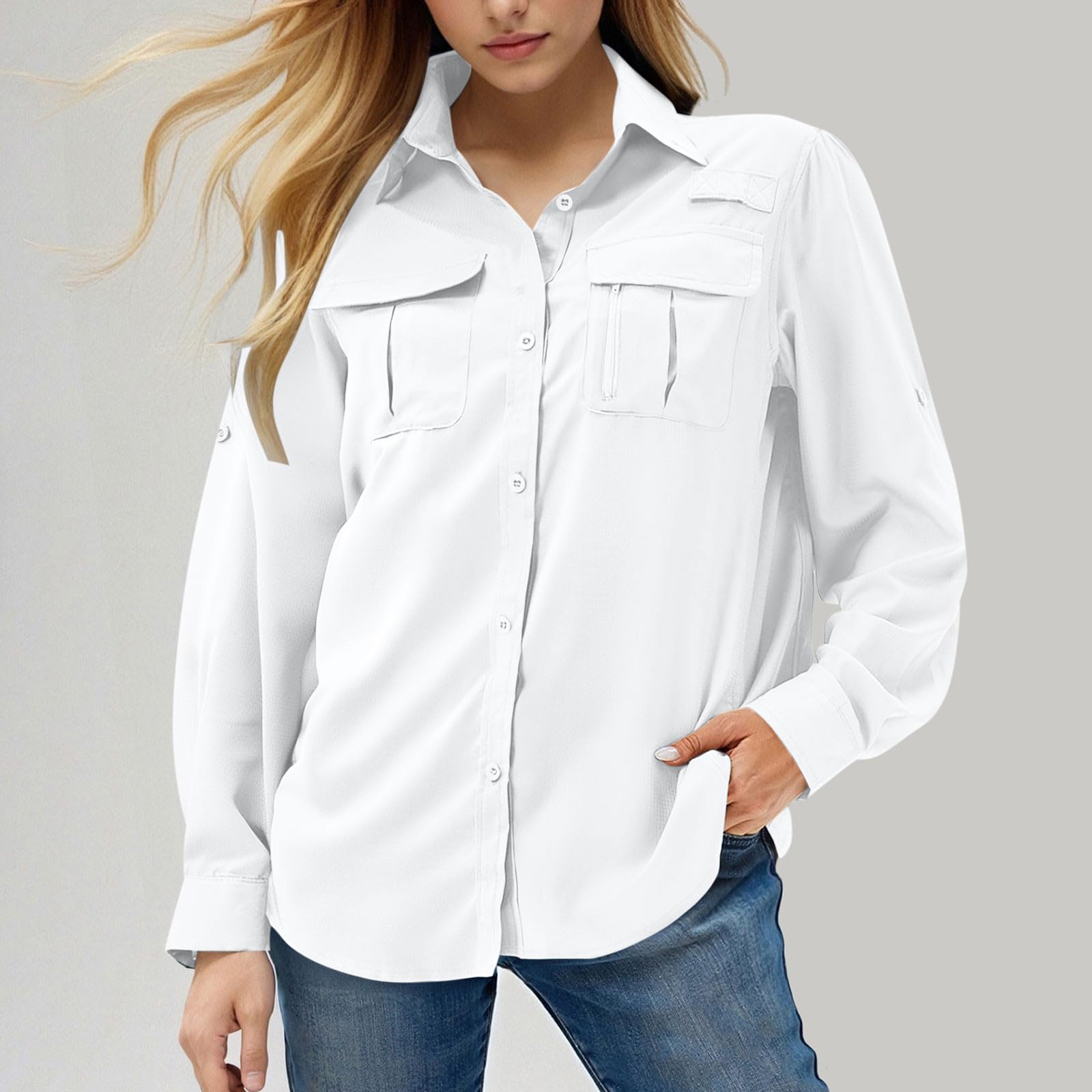 Chemisier anti-UV pour femme - Manches longues - Couleur unie - Chemise de loisirs - Chemise fonctionnelle pour la pêche, le safari, les voyages, le golf