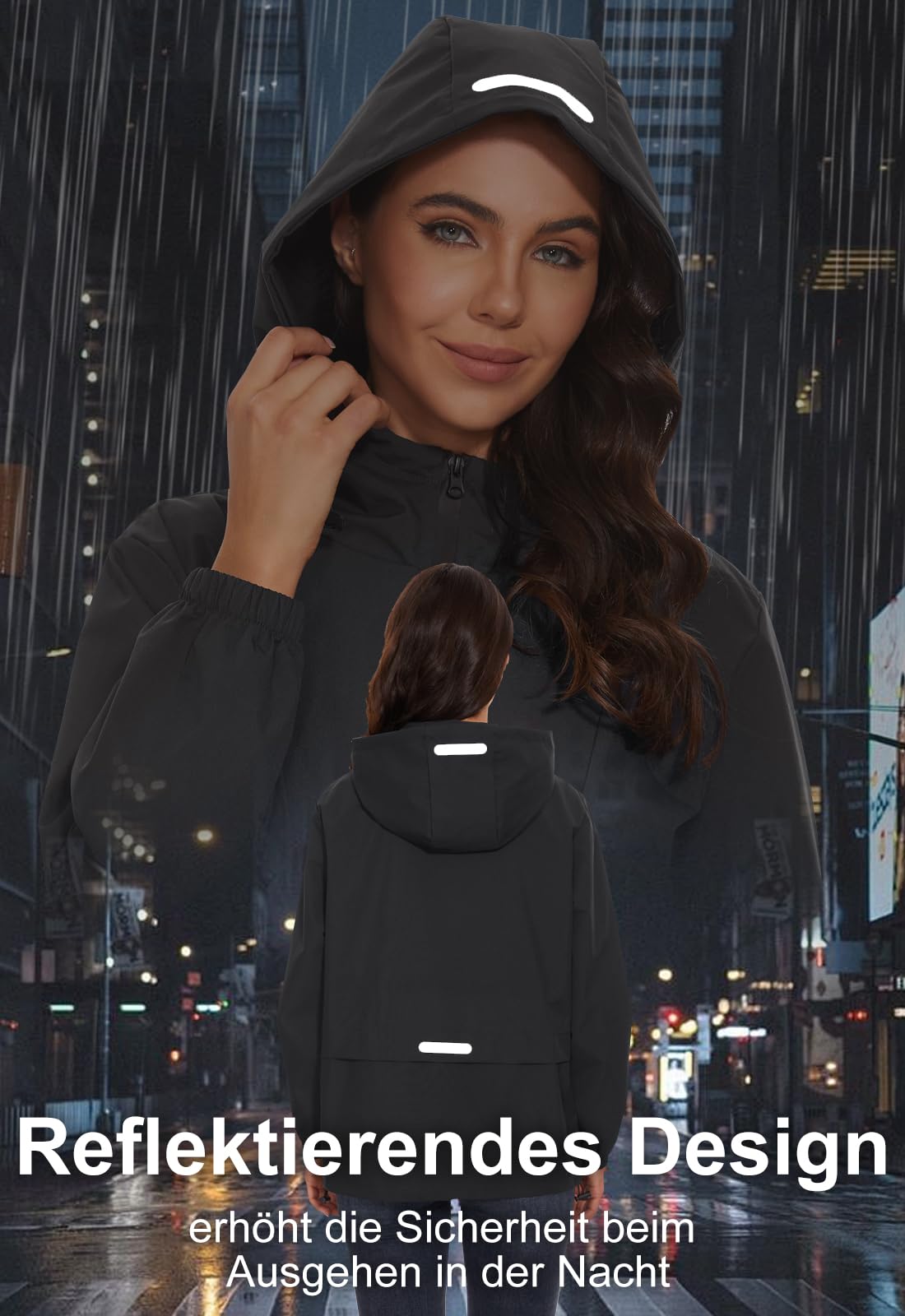 Damen Wasserdichte Faltbar Regenjacke mit Kapuze Reflektierende Fahrradjacke für die Nacht Leicht Wasserdicht Windbreaker Jacke