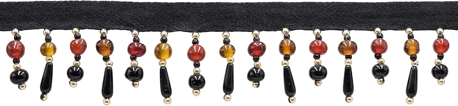 DÉCOPRO 1 1/2" Handcrafted Teardrop Ball Beaded Fringe Trim (B40687-GL) / Mahogany Black Multicolor #R01J19 (Pure Black Beige Brown Dark Red) / 12 Yards (11m/36 ft)