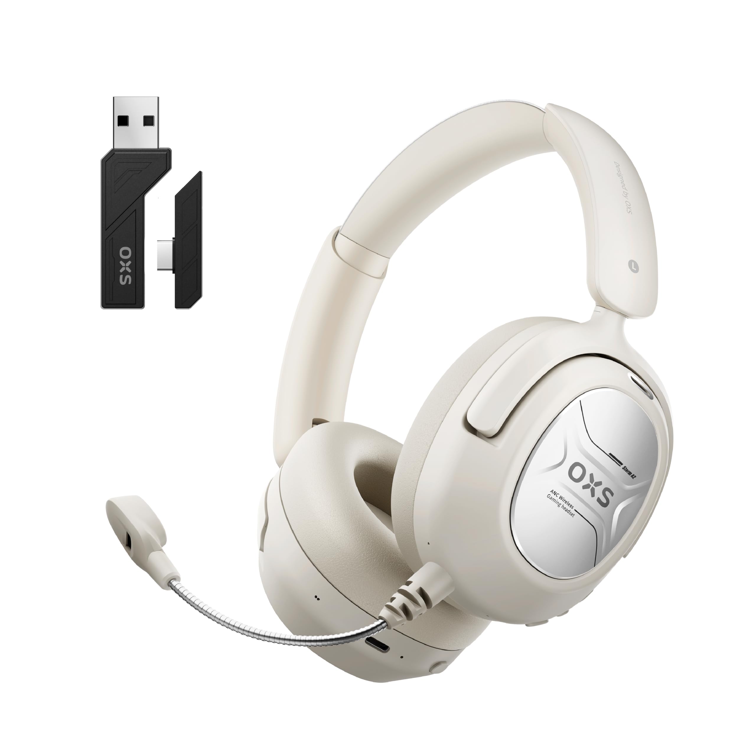 OXS Storm A2 Auriculares Inalámbricos para Juegos, Cancelación Activa de Ruido, Bluetooth 5.4 & Baja Latencia 2,4 GHz, Modos EQ Duales, 70 Horas de Batería, para PC, PS4, PS5, Switch y Móvil, Blanco