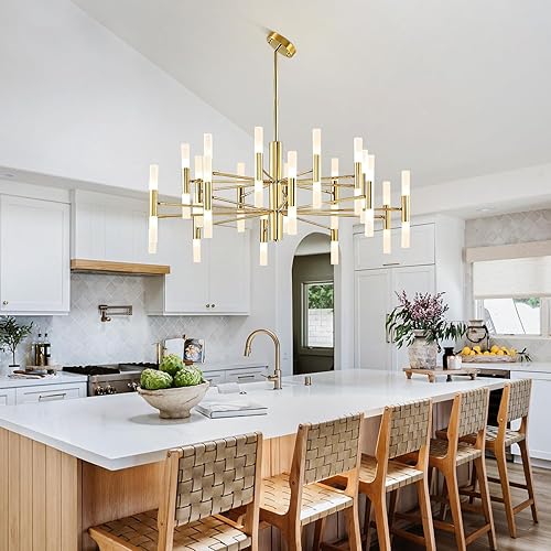 Miniatura 7 de BOKT Lámpara de araña grande moderna de oro brillante con 40 luces, lámpara colgante ajustable, lámpara LED dorada de techo, proceso de