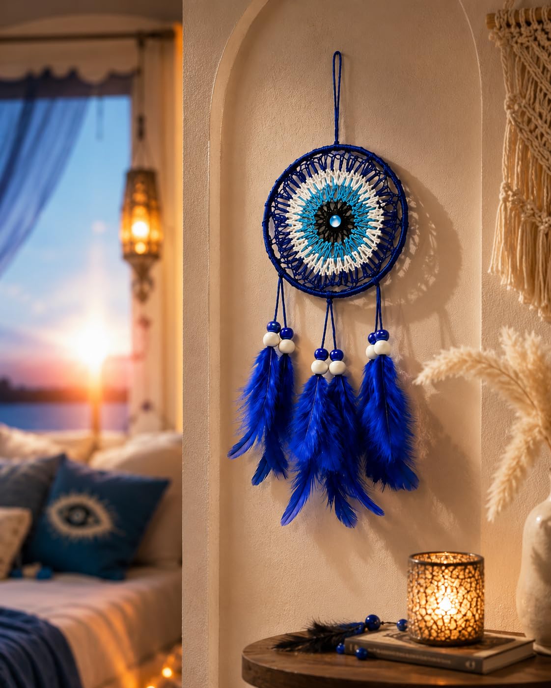Handmade Evil Eye Dreamcatcher Wall Hanging for Home Decor | Blue Feather Nazar Dream Catcher for Bedroom, Living Room & Gifting | Boho Hanging Ornament(20cm)-image-25