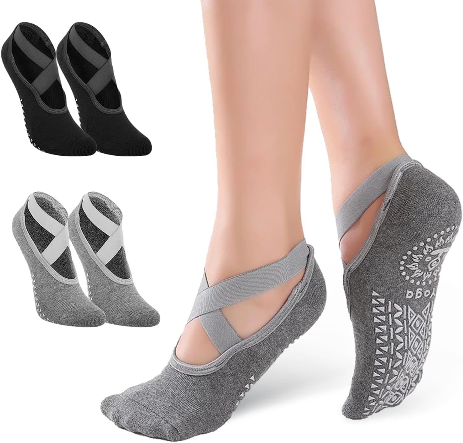 Xinjieda Yoga Socks Pilates Socks Classic Grippy Socks Straps Socks with Grips Cotton Exercise Sticky Socks Elastic Anti Slip Socks for Pilates Barre Ballet Dance Barefoot Workout
