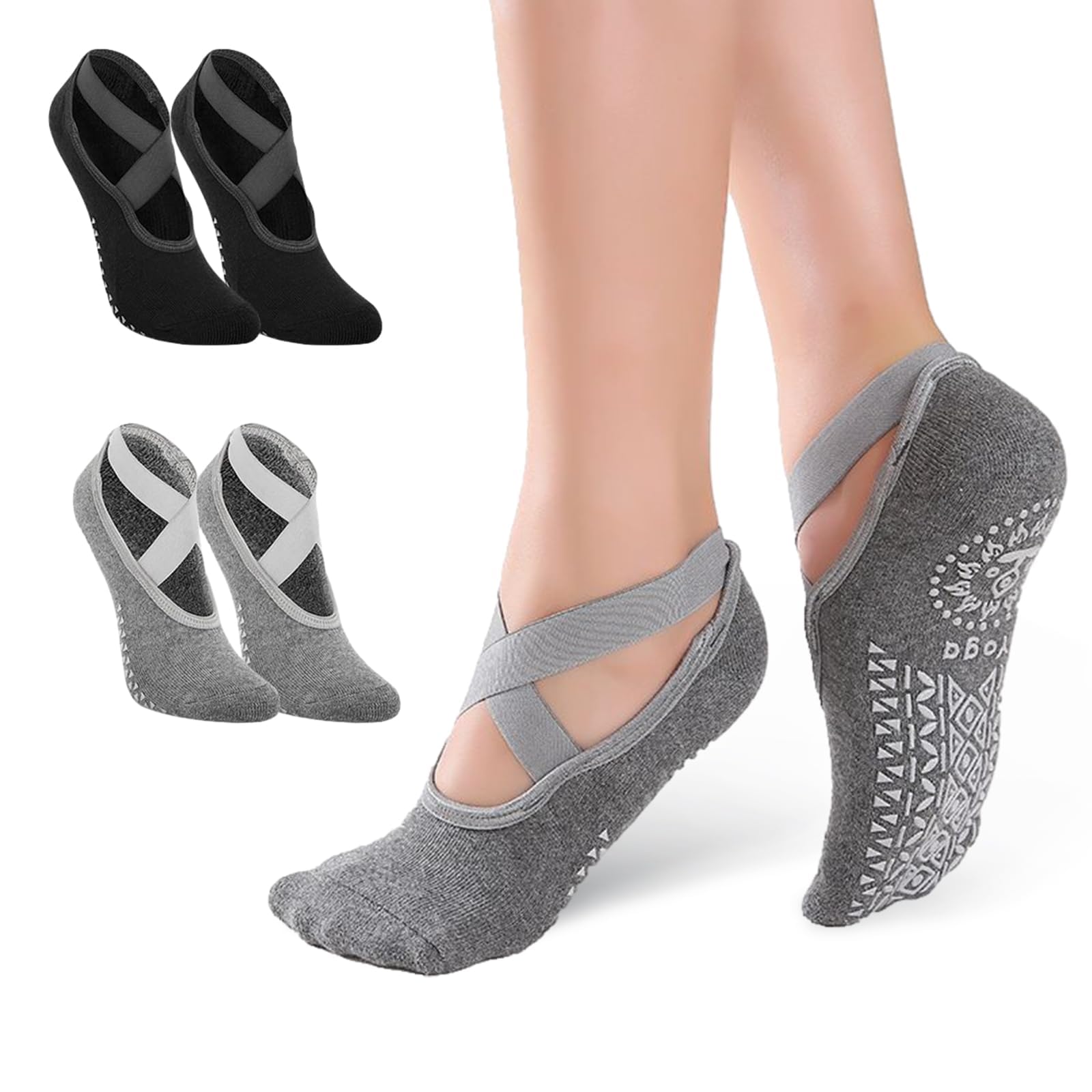 Xinjieda Yoga Socks Pilates Socks Classic Grippy Socks Straps Socks with Grips Cotton Exercise Sticky Socks Elastic Anti Slip Socks for Pilates Barre Ballet Dance Barefoot Workout