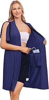 Women's Post Surgery Mastectomy Robe with 4 Internal Drain Pockets Short Sleeve Adaptive Nightgowns Pajama Dress Shirt