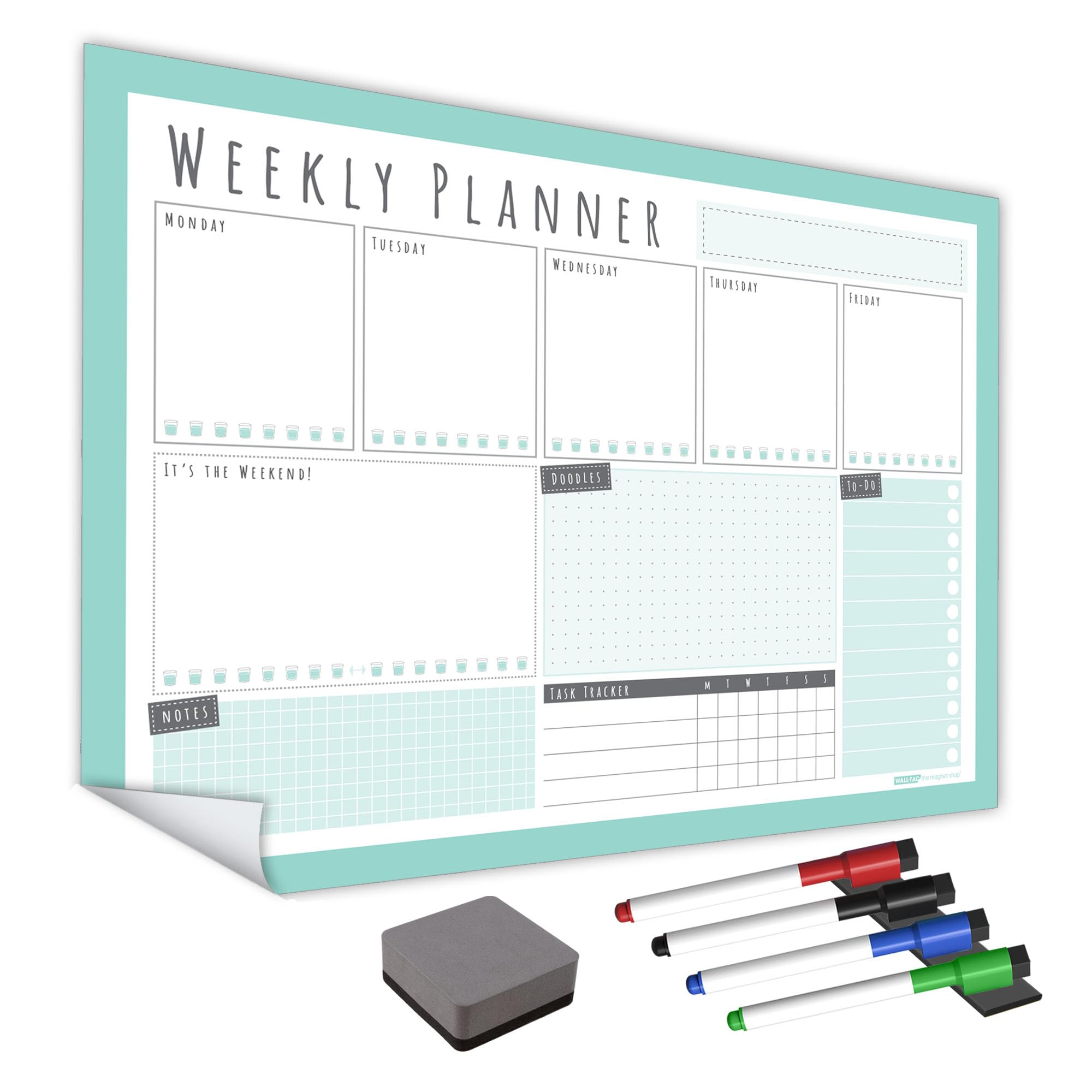 WallTAC Re-Adhesive Weekly Wall Planner - Task Manager, Family Planner and Student Organiser - Reusable, Removable and Re-Positionable Self-Adhesive Whiteboard for Home, School (Mint, A2 - WP2)