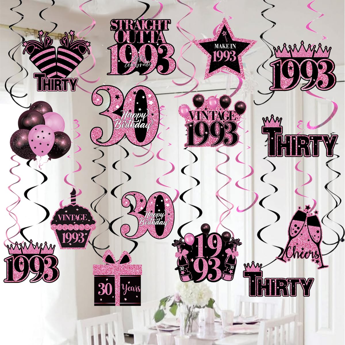 Photo 1 of BUNDLE OF 230th Birthday Decorations Women, 45pcs Happy 30 Birthday Party Supplies, 1993 30th Birthday Hanging Swirls for Her, P