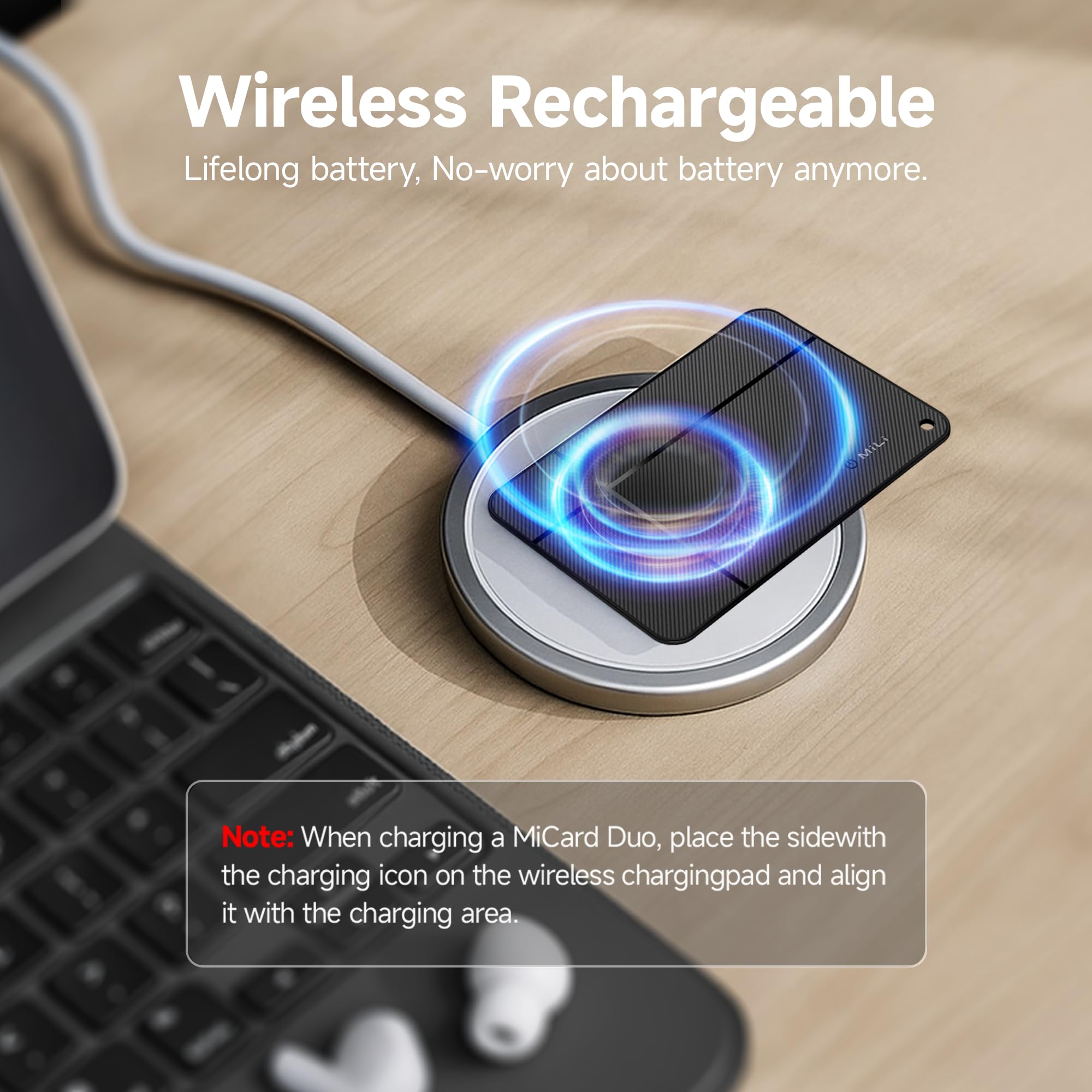 MiLi MiCard Localizador para iOS & Android, Etiqueta de rastreo Inteligente Recargable inalámbricamente con Tarjeta de presentación Digital NFC, para Cartera, Pasaporte, Maleta