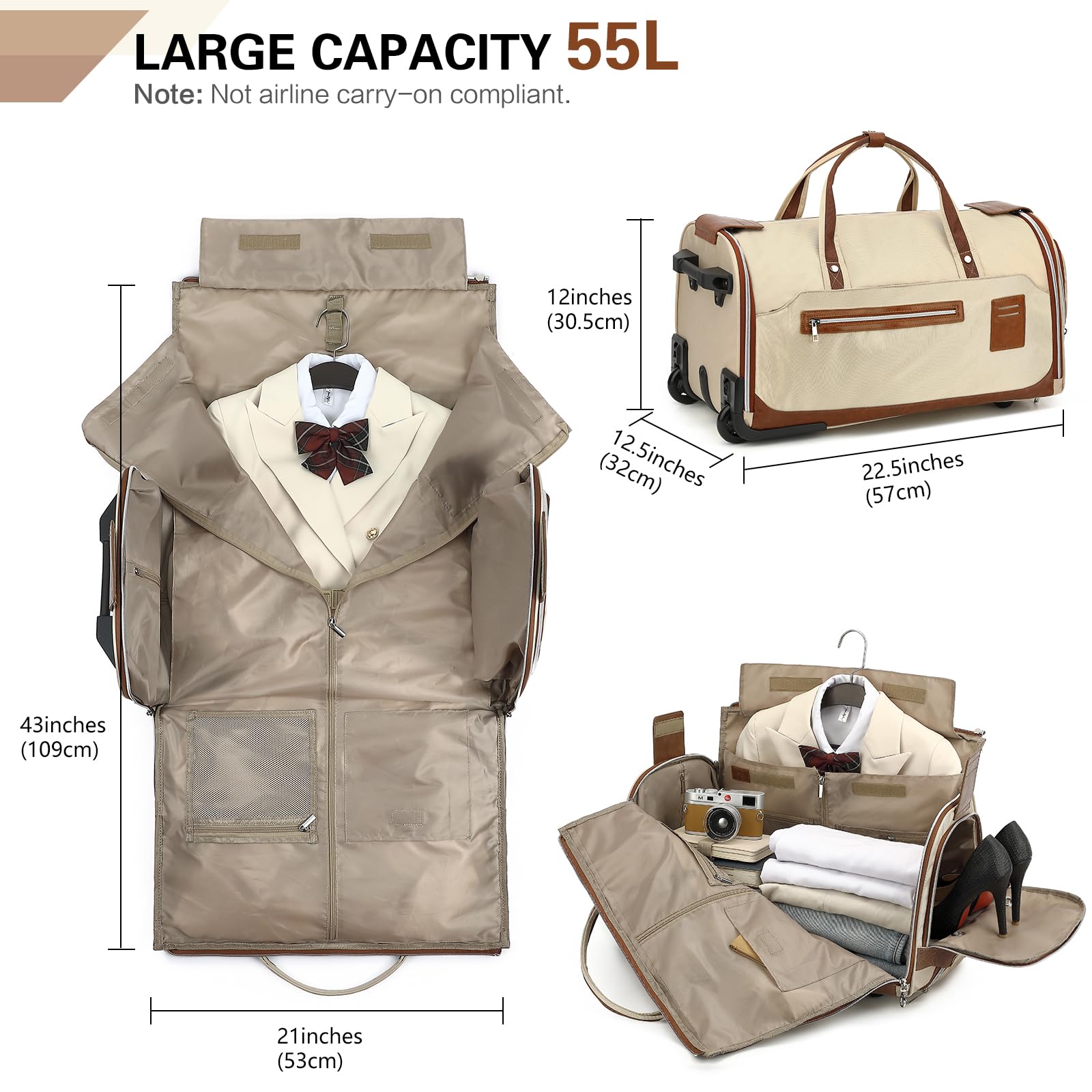 Kleidersack Reisetasche mit Rollen für Damen Umwandelbare Anzugtasche Handgepäck mit Griff und Schuhfach für Kleider Reise Business Hochzeiten 3-in-1-Trolley Garment Duffel Bag 55L, Beige