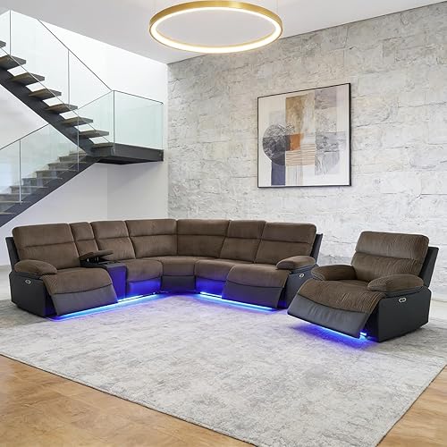 Miniatura 29 de Juego de sofá modular reclinable eléctrico para sala de estar, juego de sofá reclinable de cuero con luces LED / almacenamiento oculto, sofá en