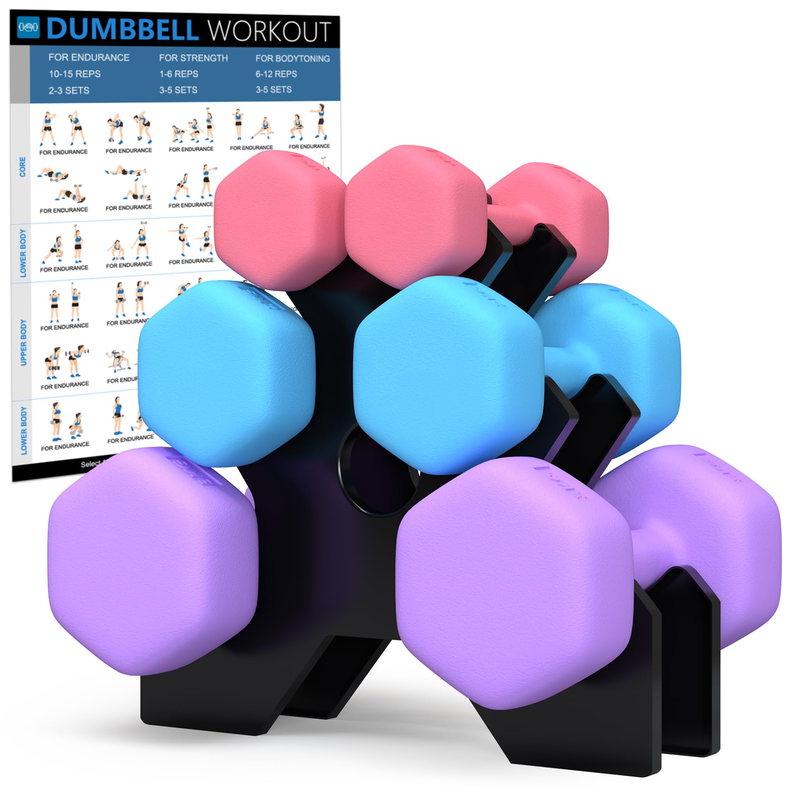 GYMSTR Hex Dumbbells Set with Rack,1KG 2KG 3KG Hand Weights Dumbbell Pair for Women Men,12KG Anti-Roll Hex Design for Home Gym Strength Training Fitness Equipment