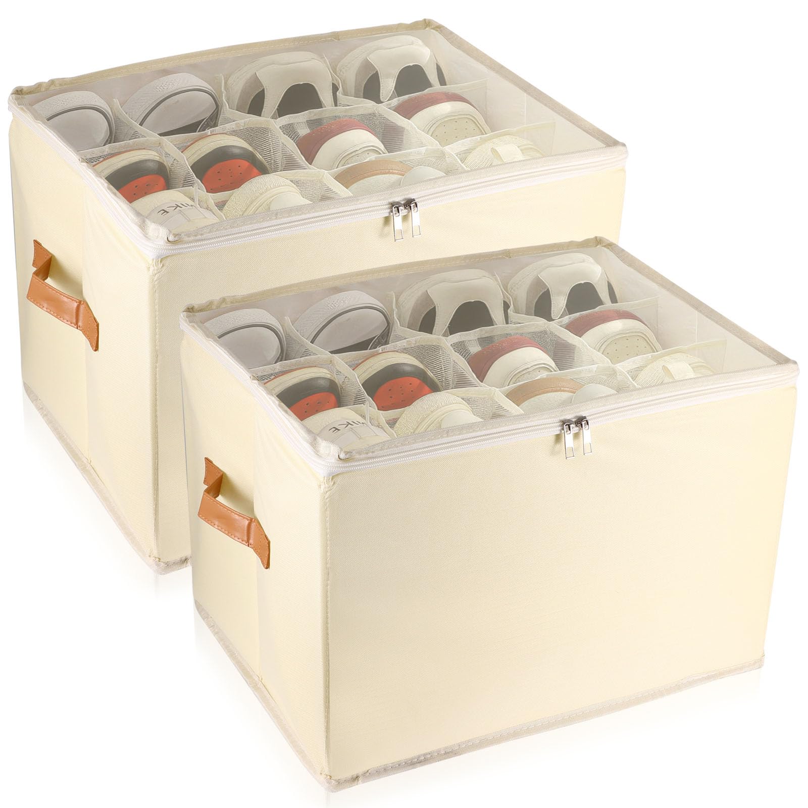 2 Pack Shoe Storage Boxes with Zipable Clear Cover, Fits Up to 24 Pairs