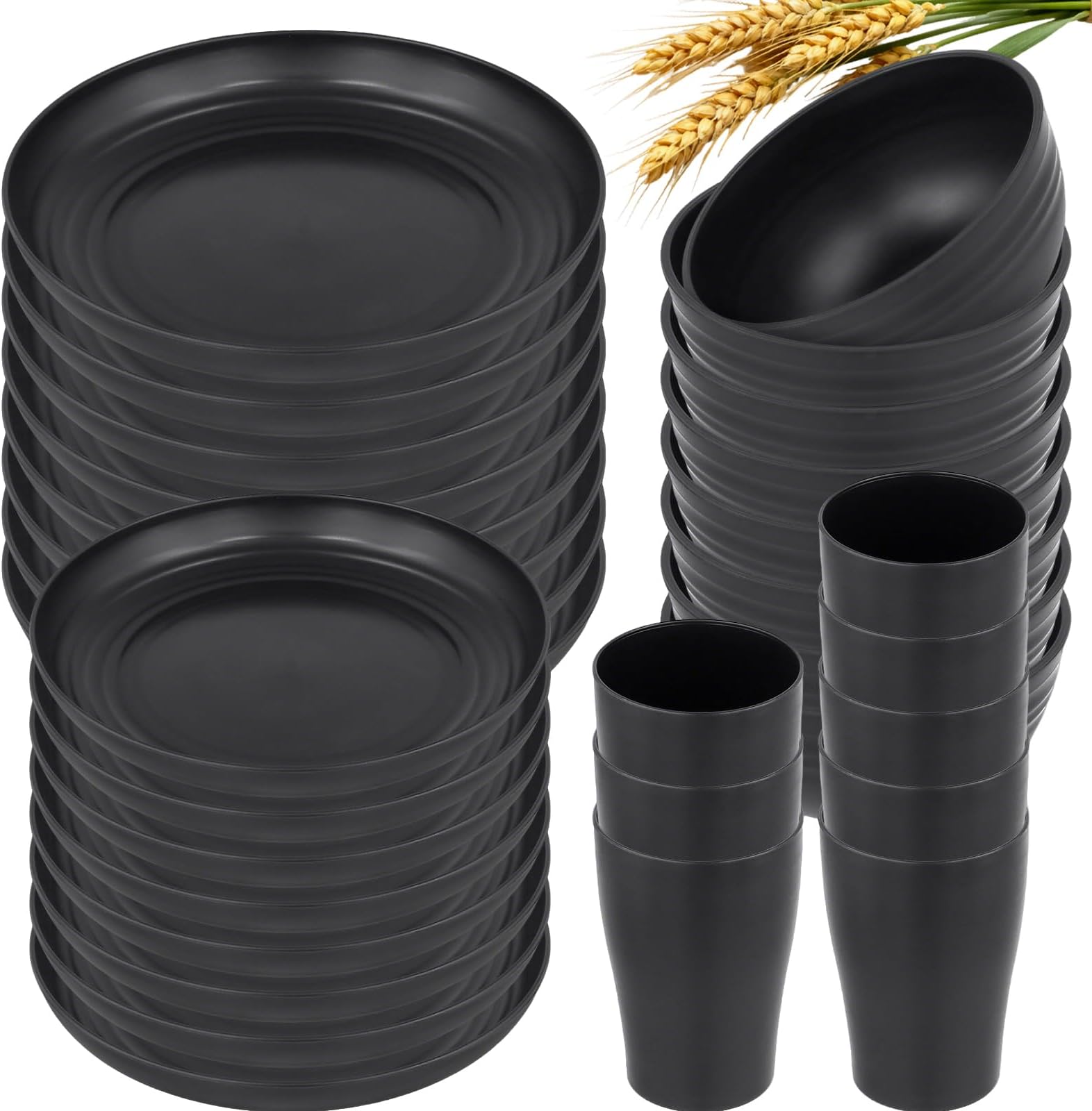 Set 8 in Unbreakable Black Plastic Dinnerware, 32 Pcs Dinner Plates, Bowls, Salad Plates, Cups for Camping, Picnic, Party, Microwave & Dishwasher Safe