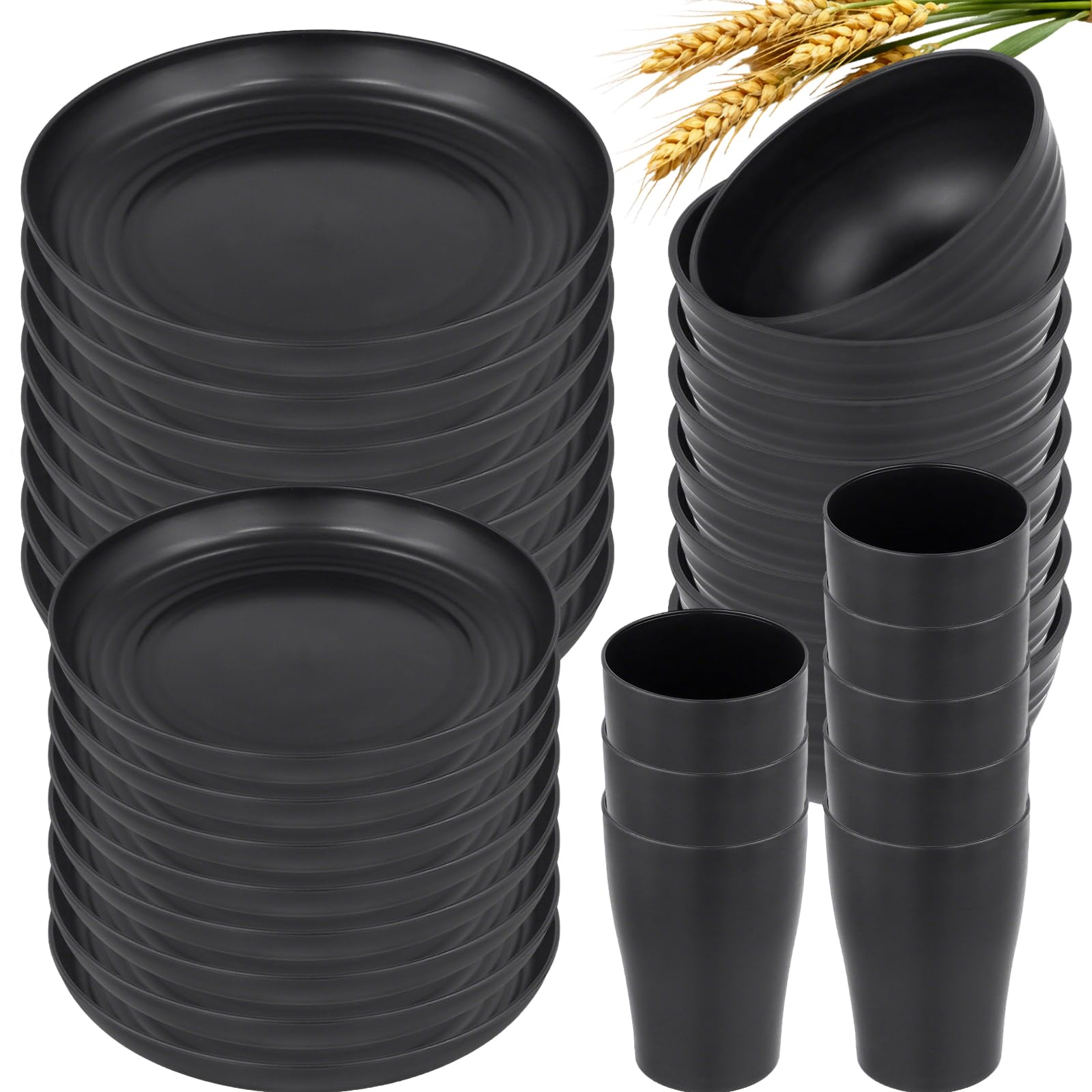 Set 8 in Unbreakable Black Plastic Dinnerware, 32 Pcs Dinner Plates, Bowls, Salad Plates, Cups for Camping, Picnic, Party, Microwave & Dishwasher Safe