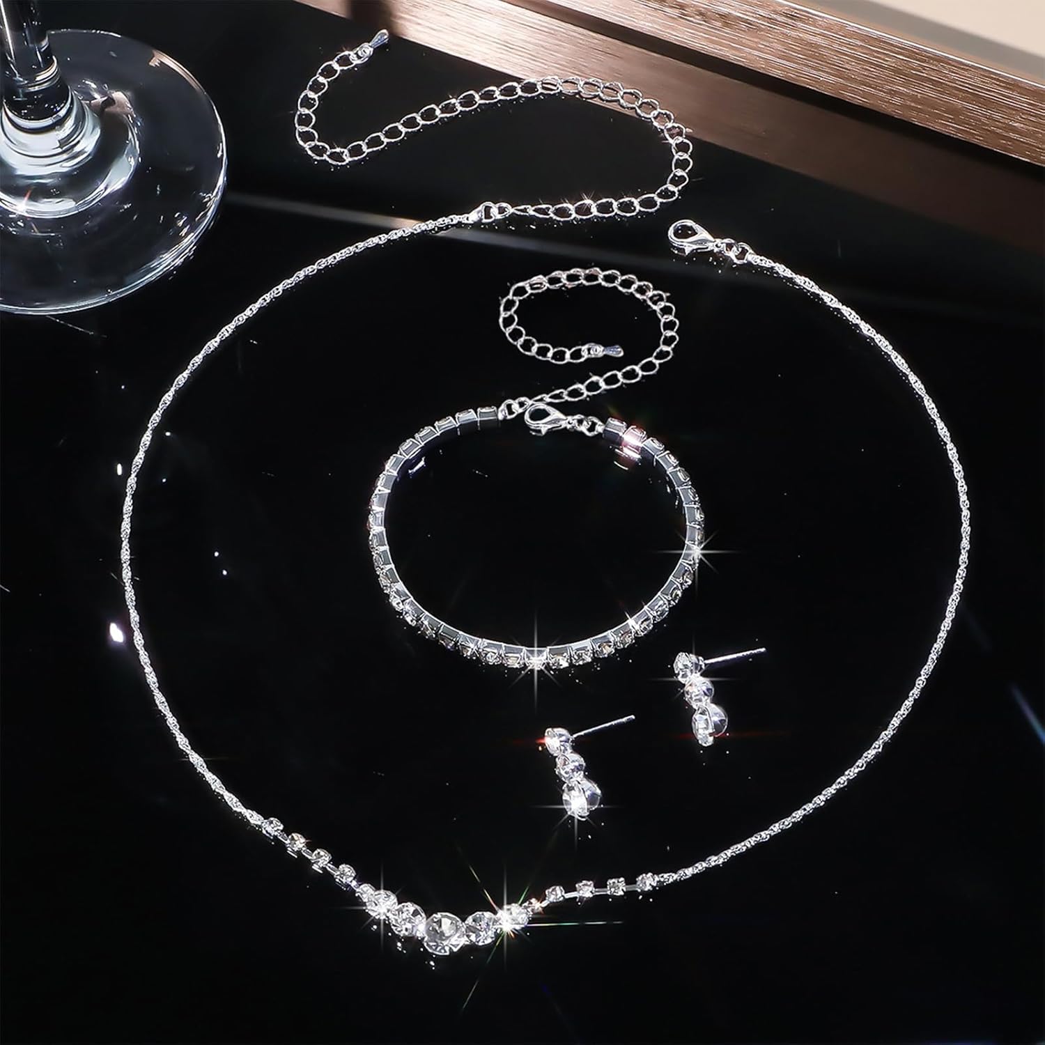 Eyesoul Silver Plated Jewelry Set for Women Rhinestone Crystal Necklace Drop Earrings Link Bangle Bracelet Bridal Wedding Jewelry Sets for Brides Bridemaid Prom Costume Accessories - Image 6