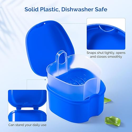 Miniatura 3 de JMU Estuche para dentadura postiza, taza para remojar dentaduras con bandeja de cesta de colador, almacenamiento de protector bucal azul marino