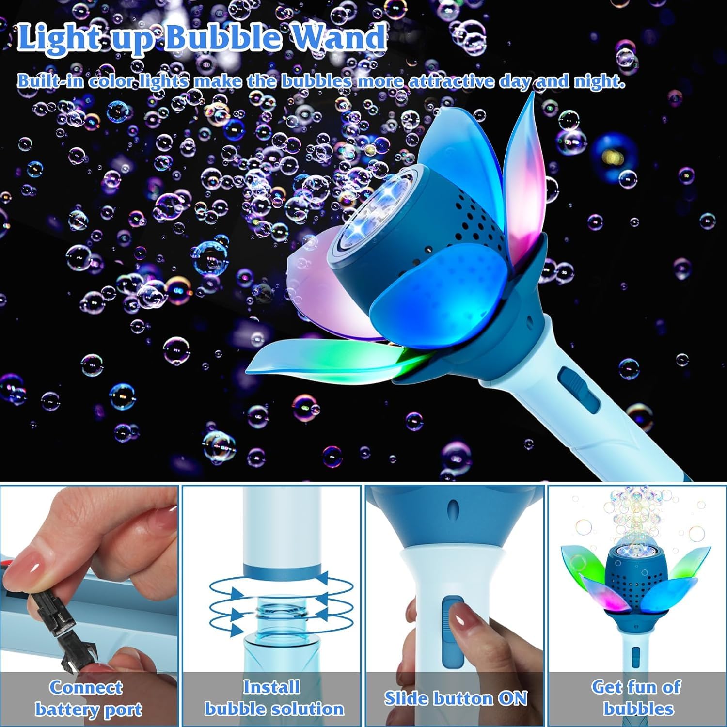 SAMVARDHAN Electric Bubble Stick for Kids, Automatic Bubble Machine 10000+ Bubbles Light Up Flower Bubble Wand Bubble Toys for Summer Outdoor Party Wedding (Blue) — Amazon image 4
