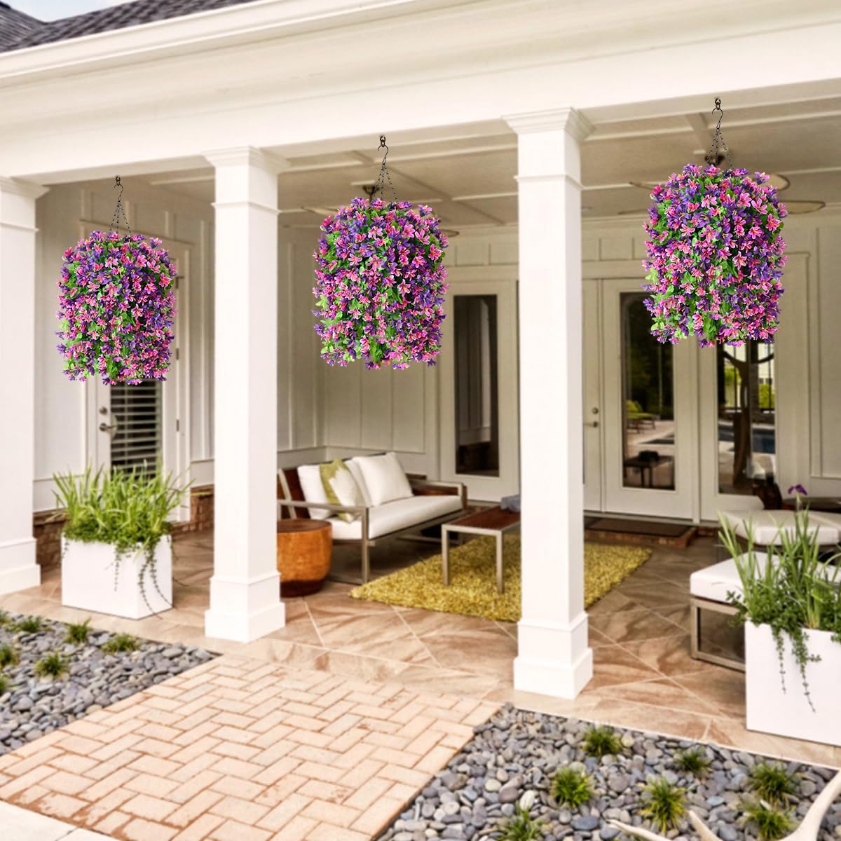 INQCMY Artificial Hanging Flowers Decoration, 4pcs Fake Floral Basket Plants for Outdoor Porch, Faux Shrubs Home Spring Decor UV Resistant Potted Violets for Outside Garden No Fade