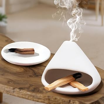 Set of 2 Ceramic Sage Incense Burner Palo Santo Holder for Burning Mini Chiminea Incense Cone Holder Ash Catcher for Meditation, Zen, Yoga, Energy CleansingWhite