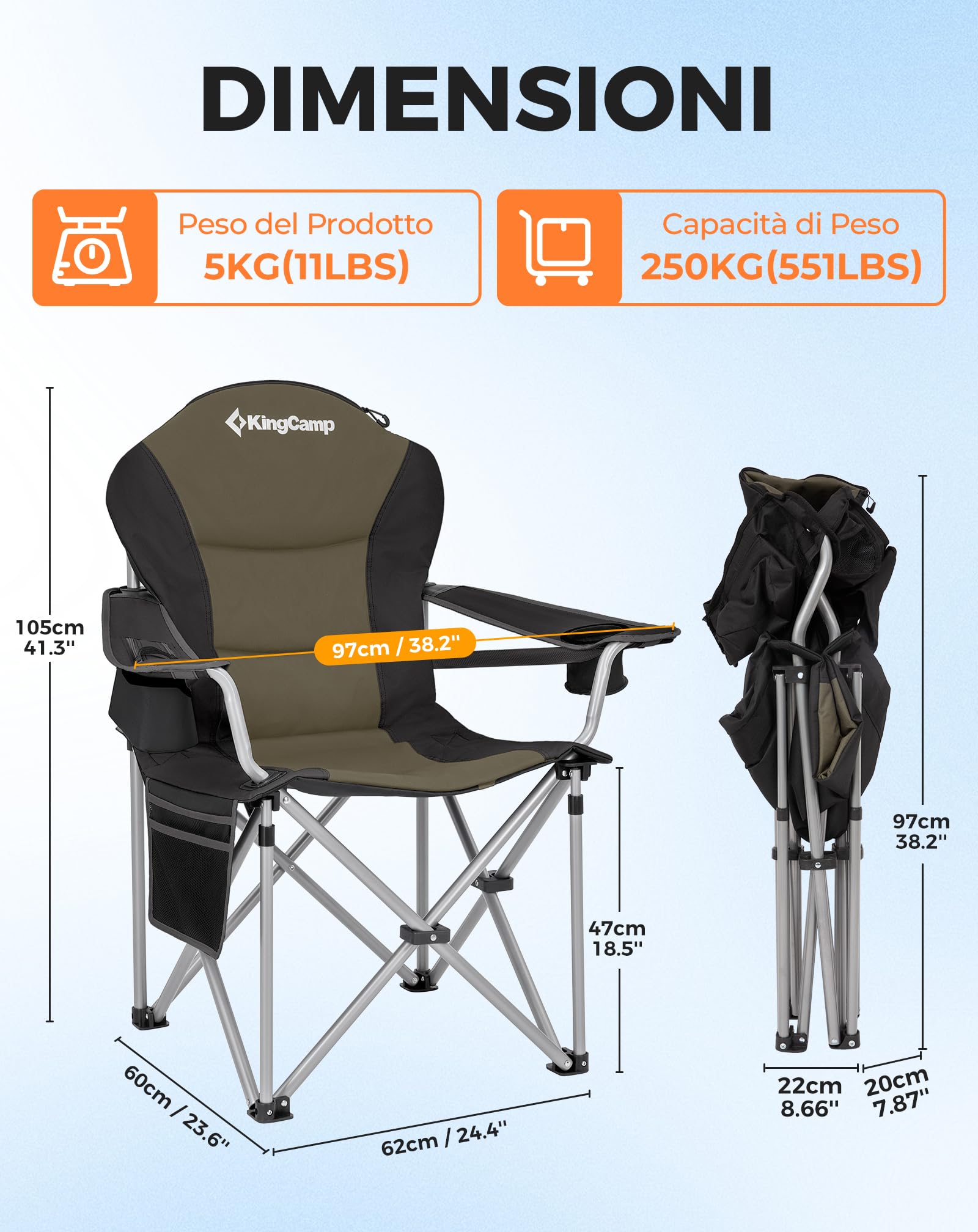 KingCamp Sedia Campeggio Pieghevole Ergonomica Imbottita XXL 250 kg | Sedia con Supporto Lombare Regolabile, Borsa Termica e Braccioli per Camping Giardino Pesca Spiaggia e Festival