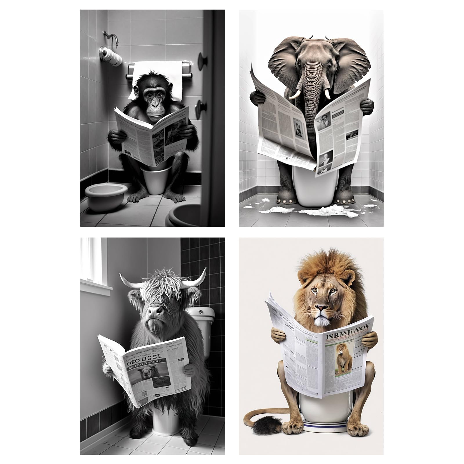 YILANJIN Decoracion Baño, 4 Piezas 21×30cm Impresión de Animales Cuadros Decorativos, Interesante Animal Póster Decoración Imágenes para hogar, Póster Decorativo para Dormitorio, Sala de Estar, Baño