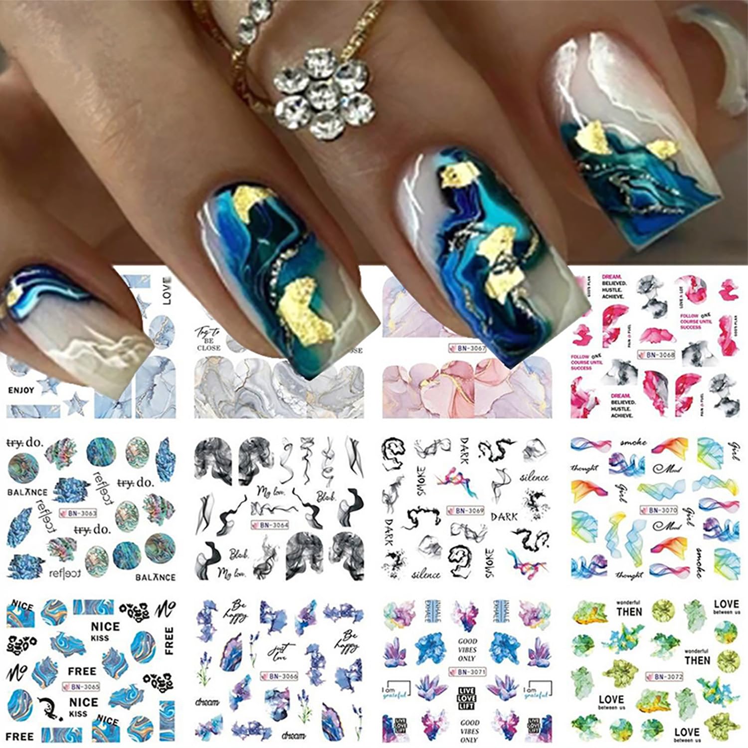 12 Sheets Marble Nail Art Stickers Decals 3D Colorful Marble Nail Decals Water Transfer Irregular Wave Line Painting Geometry Abstract Nail Stickers Decals Designs for Women Girls Acrylic Nails DIY