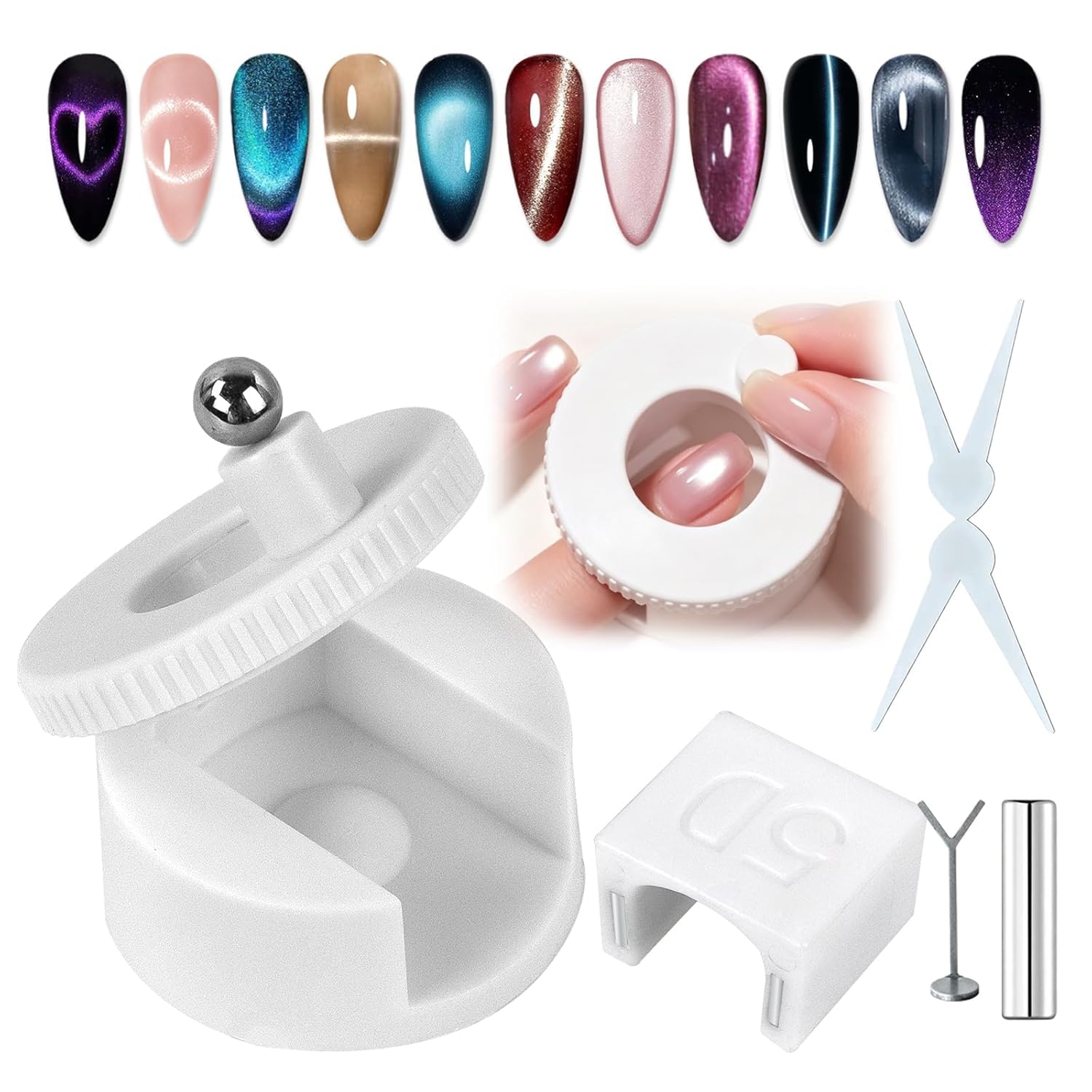 Bluedeal Rotating Cat Eye Magnet for Nails with Magnetic Ball, U-Shaped Nail Magnet, Heart & French Cat Eye Tools, Fast Create Glass Bead Wide Light French Heart Cateye Nails for Beginners Home White-image-12