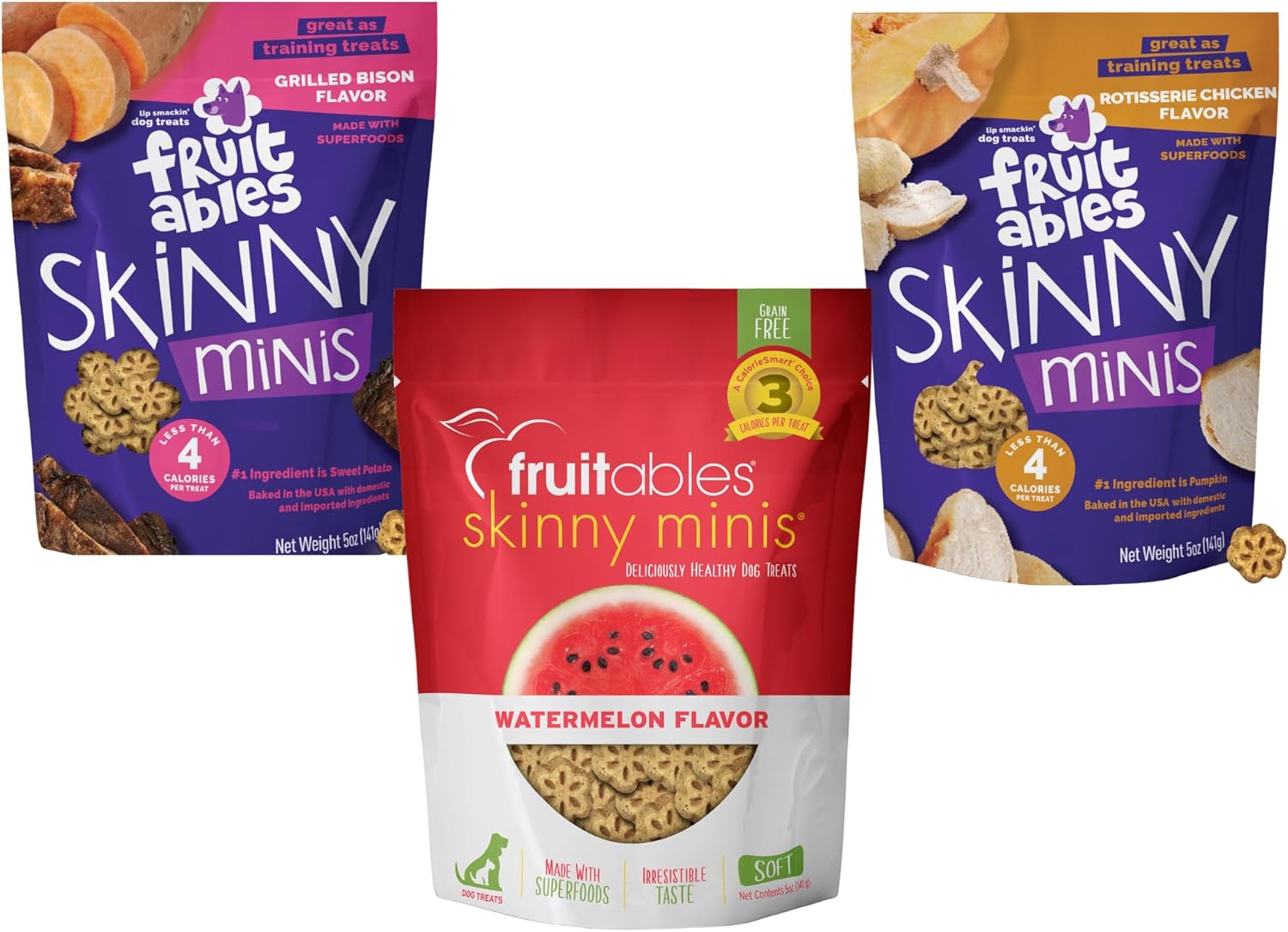 Fruitables Skinny Minis Dog Treats Grilled Bison, Watermelon, Rotisserie Chicken - Variety 3 Pack 5 oz