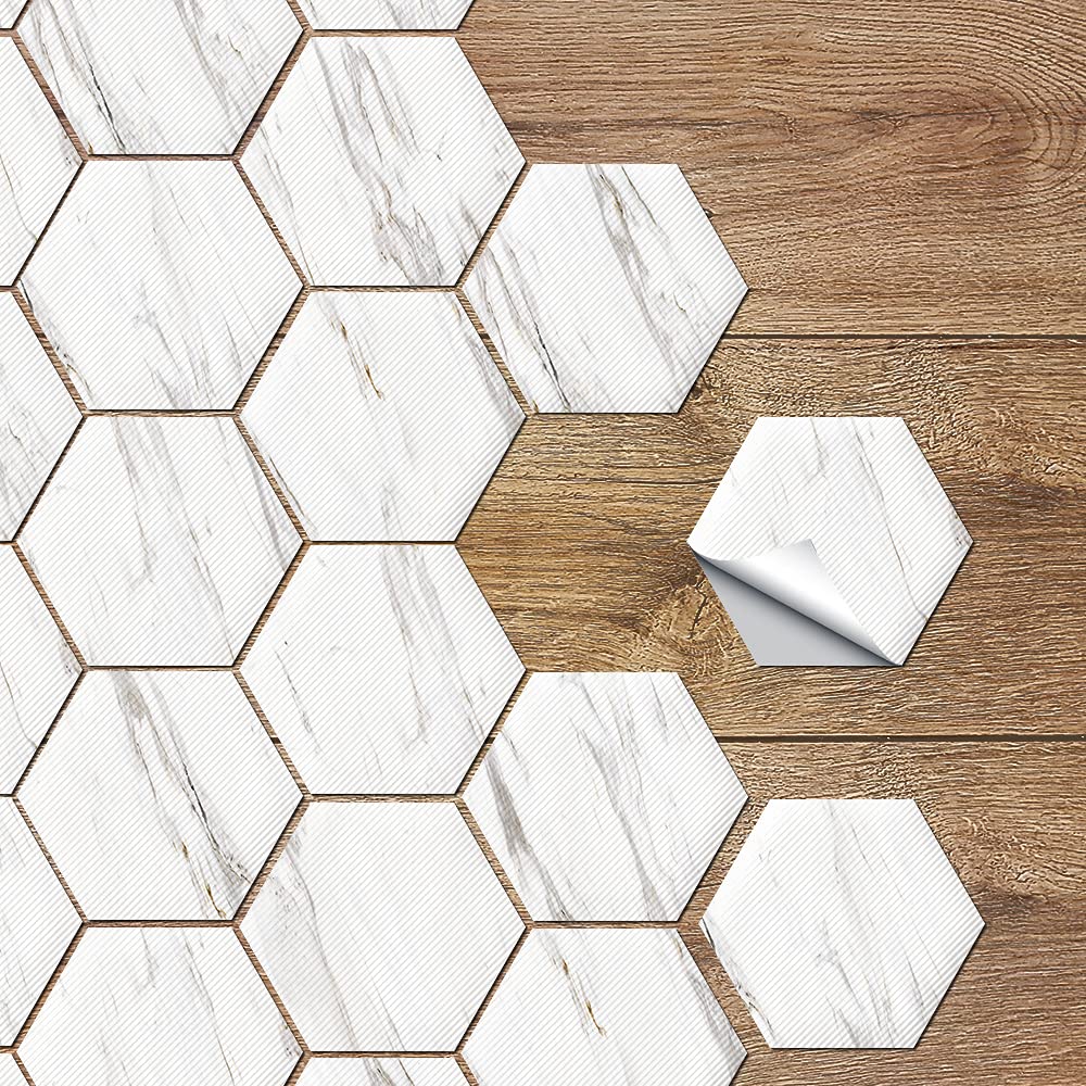 Alwayspon Vinyl Tiles Floor Sticker, Anti-Slip Waterproof Hexagon Kitchen Bathroom Balcony Floor Tiles Decals, Peel and Stick Self-Adhesive Wall Sticker, 7.87x9.05 x 30Pcs Set, White Marble