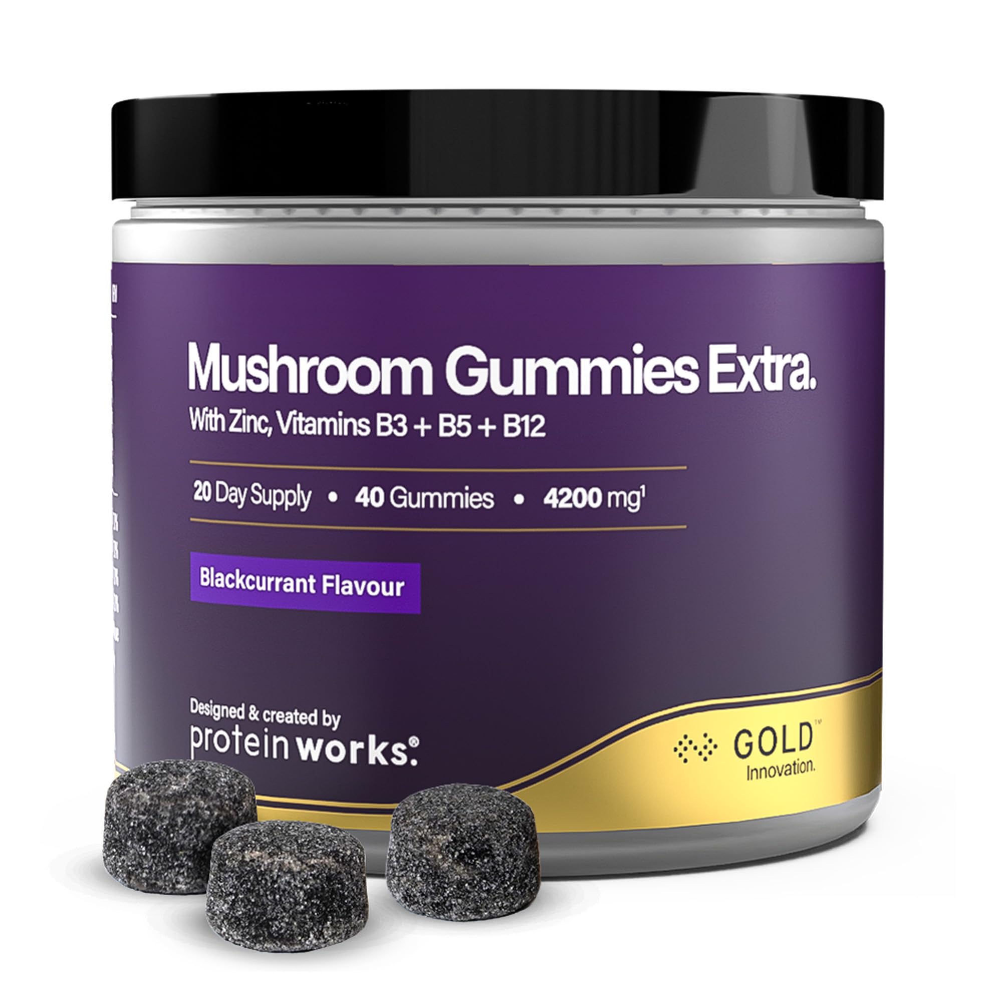 Mushroom Gummies Extra - GOLD Innovation, Vitalpilze Komplex, Lion's Mane, Reishi, Cordyceps, Chaga, Tremella, Maitake, Zink, Vitamin B12, 40 Vegane Gummies, Schwarze Johannisbeere | Protein Works