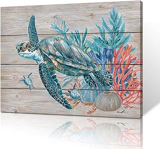 25 Coastal Bedroom Ideas That Bring the Beach Home 107 Teal Bathroom Decor Wall Art, Beach Turtle Swim Under the Ocean with Cor...