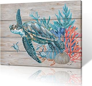 Teal Bathroom Decor Wall Art, Beach Turtle Swim Under the...