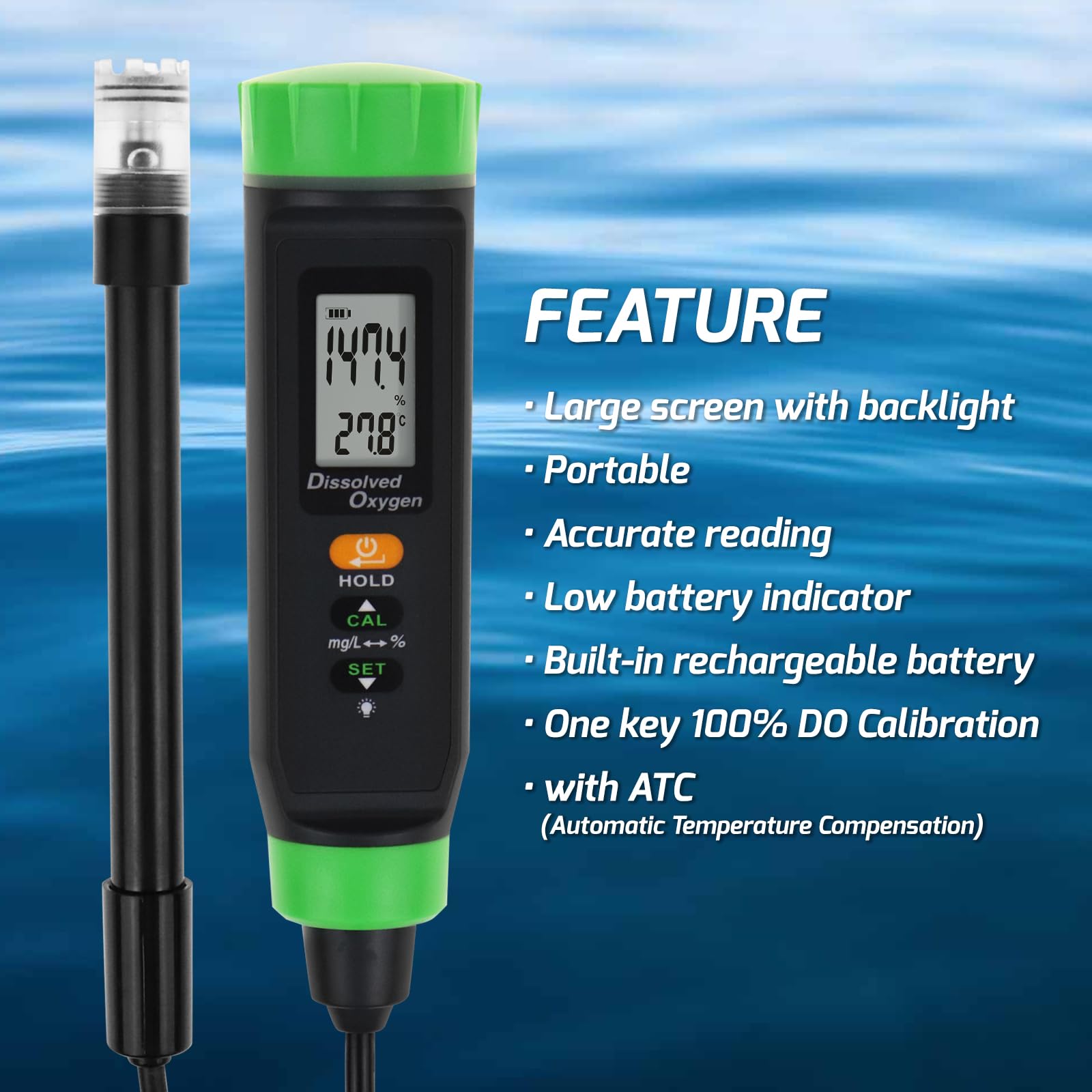Dissolved Oxygen Meter with ATC Portable DO Meter with Long Cable, Dissolved Oxygen Test Kit Tester with Self Floating Probe Electrode - Image 4