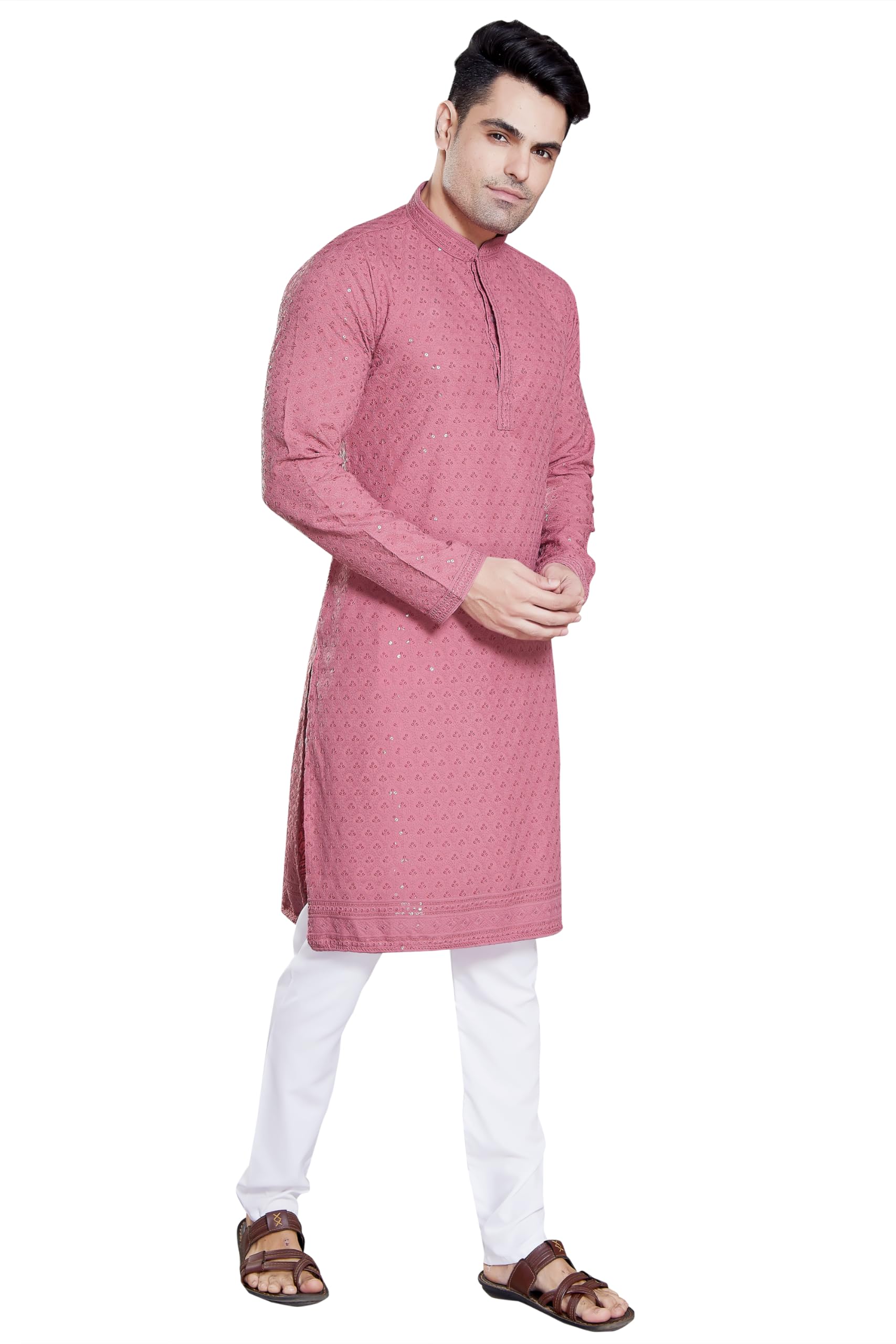 Divisive Men's Sequince Embroidered Cotton Blend Only Slim Fit Kurta (Dkrt103_S_Pink)