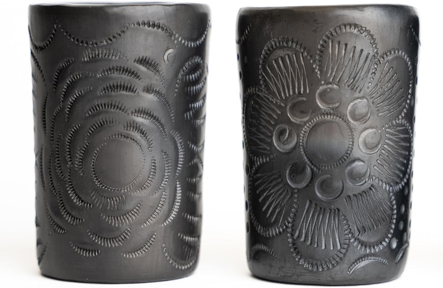 Tequila Shot Glasses - Set of 4 Oaxaca Black Clay Mexican Shot Glasses - 2 Oz (Round)