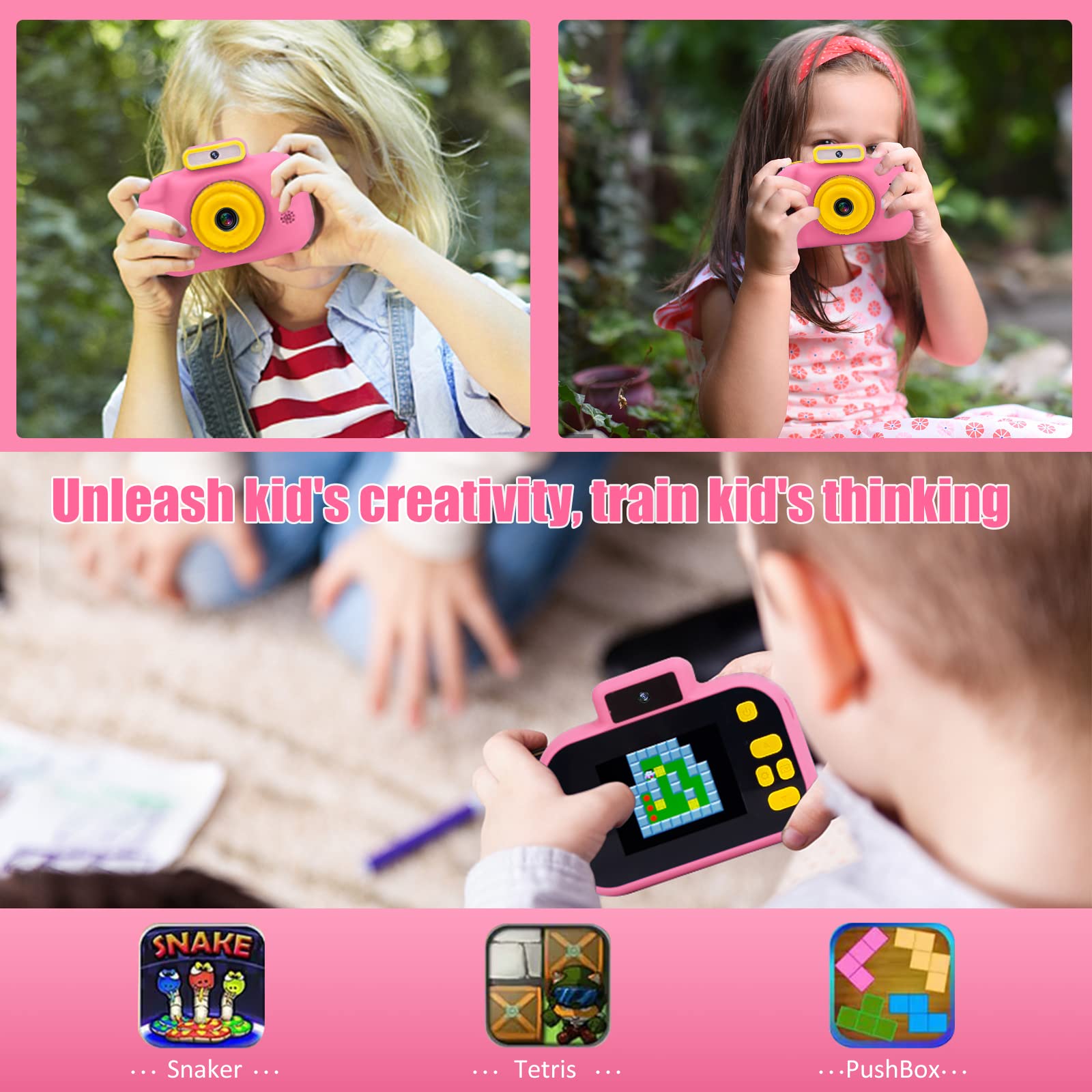 Cámara para niños, cámara digital rosa para selfie, juguetes de cumpleaños para niñas de 3 a 9 años, grabadora de video digital HD portátil para niños con tarjeta SD de 32G, juguetes para niños de 3 5