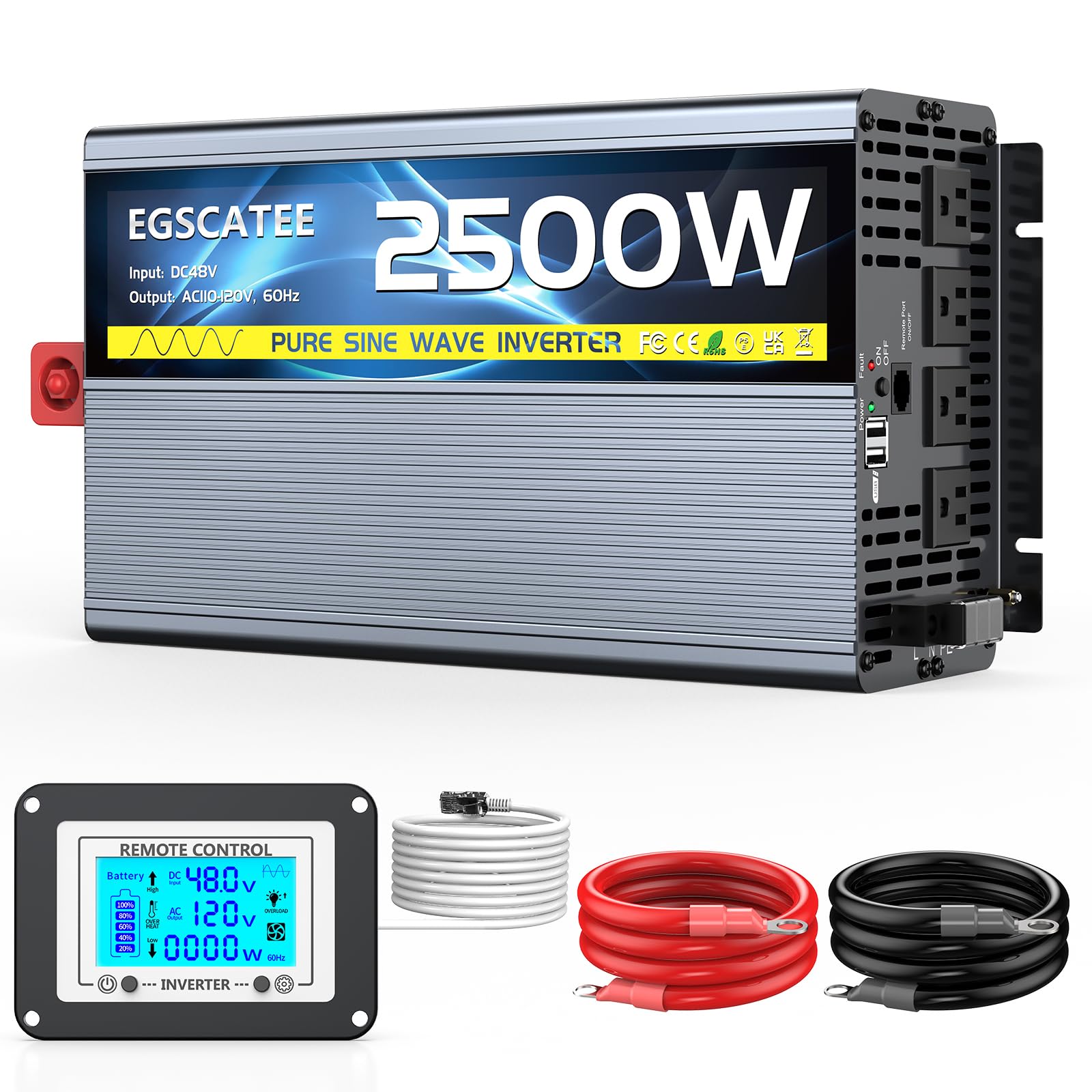 48V 2500W Pure Sine Wave Inverter 48V DC to 110V/120V AC Converter with 4AC Outlets, 5V/3.4A USB, Remote Control with on-Screen Display, Off-Grid Solar Power Inverter for Truck, Home, Vehicles, RV