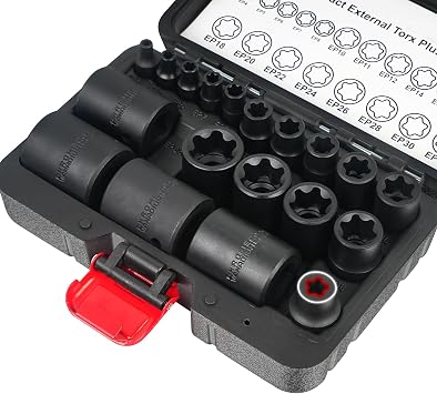 BILITOOLS External Torx Plus Socket Set 6 Point, 19PCS EP4-EP32 with 1/4, 3/8 & 1/2 Drive, E Torx Socket Set for Tesla Battery Removal, BMW, Mercedes-Benz, Audi & Ford