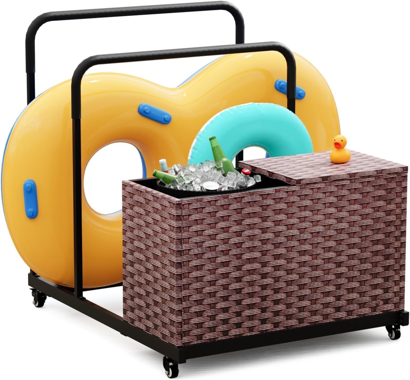 FONTOI Pool Storage, Pool Float Storage Bin with Wheels, Waterproof Outdoor Pool Towel Rack, All-Weather Deck Storage Box for Outdoor Patio Floats, Black