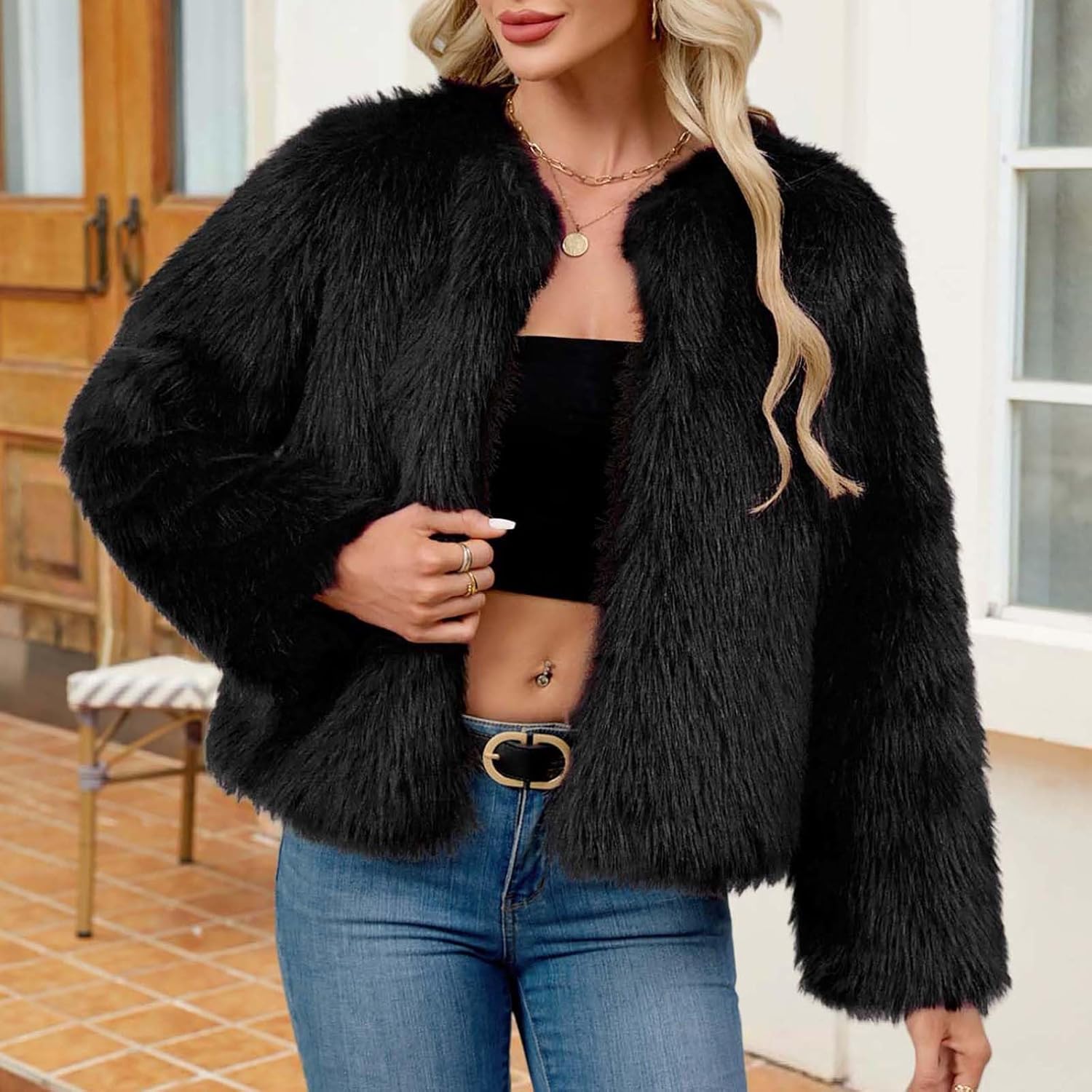 Lmdudan Fur Coat for Women Faux Furry Long Sleeve Cropped Fluffy Jacket Open Front Coat Shaggy Warm Fall Winter Outerwear