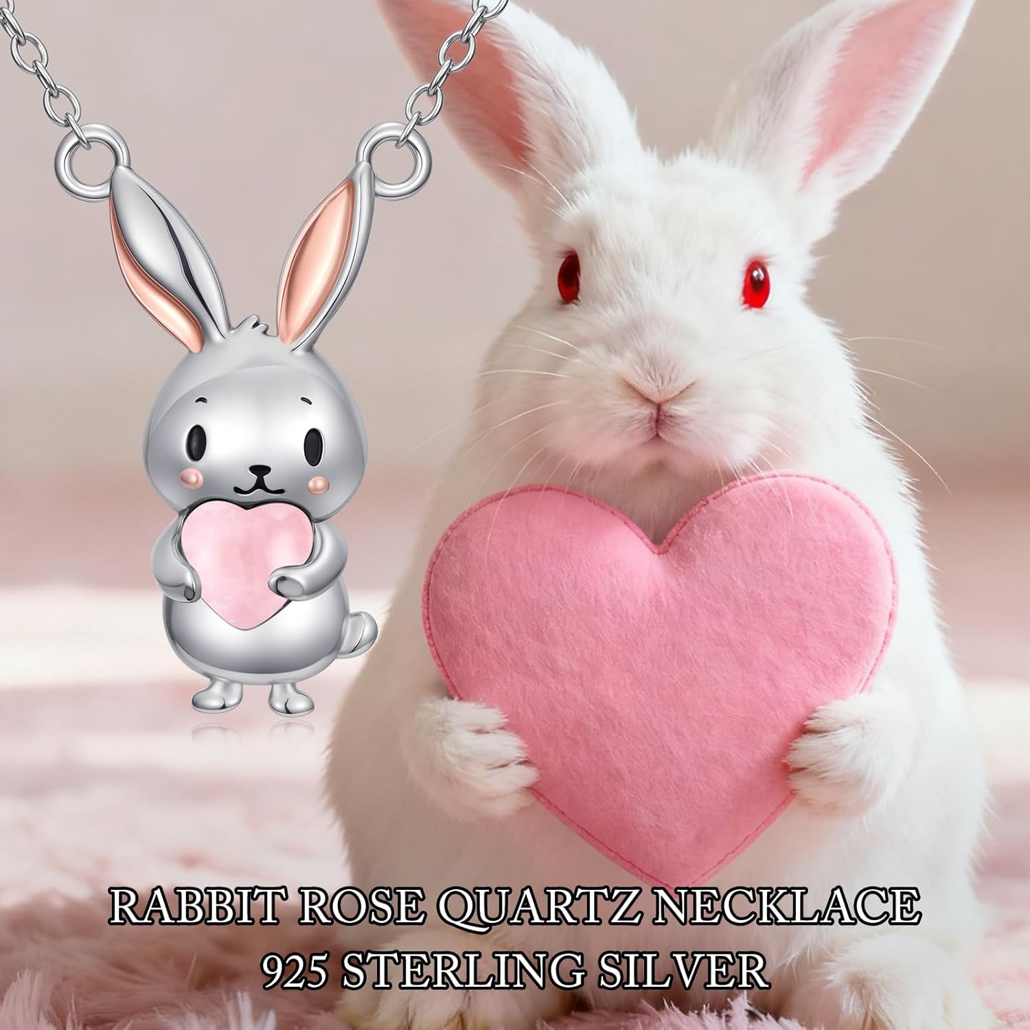 Bunny Necklace 925 Sterling Silver Heart Rose Quartz Natual Gemstone Rabbit Pendant Animal Jewelry Gifts for Women Her - Image 7