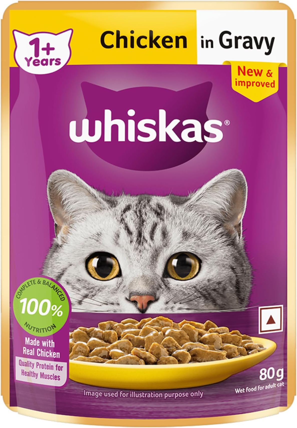 Whiskas Wet Cat Food for Adult Cats (1+Years), Chicken in Gravy Flavour, 80g