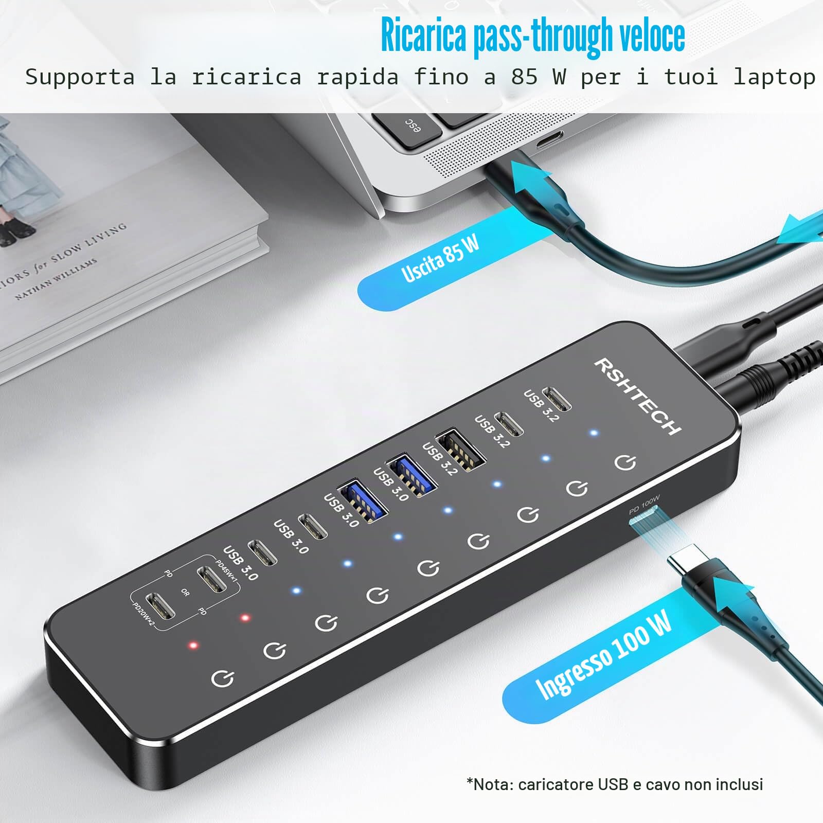 RSHTECH Hub USB C Alimentato 10 Porte 66W con 3 Porte USB-3.2 da 10Gbps (2C+1A), 4 Porte USB 3.0 (2C+2A), 2 Porte USB-C Ricarica Rapida PD 45W e PD 100W, USB Hub per Laptop, RSH-ST10P