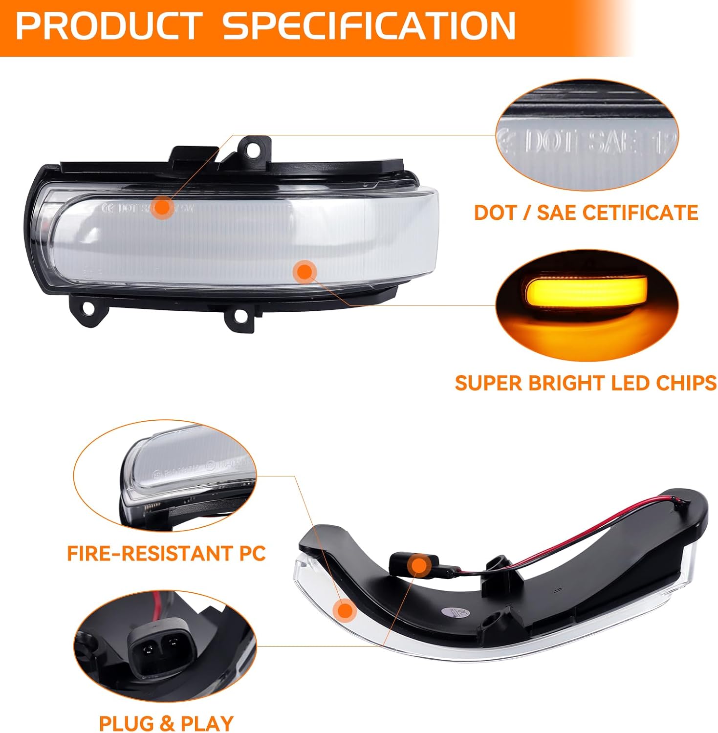 Clear Lens Dynamic Sequential Amber Led Side Mirror Turn Signal Lights for 2011-2016 Scion tC, 2008-2015 Scion xB Side Mirror Marker Indicator Blinkers