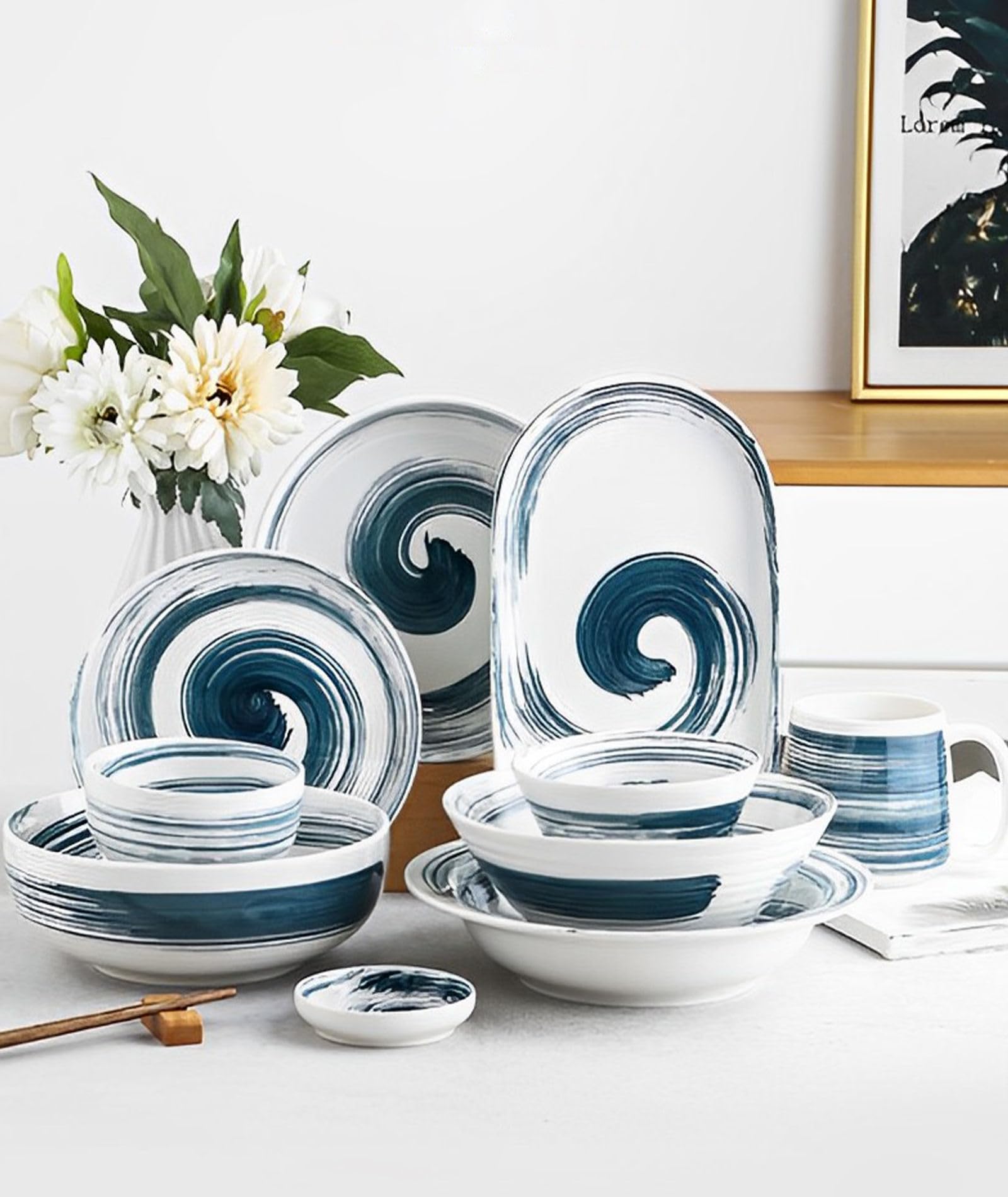 Müslischüssel-Set, 400 ml, Suppenschüsseln, mikrowellengeeignet, Frühstücksschalen, Reisschalen, Keramik-Müslischalen (Blau und Weiß, 4 Stück)