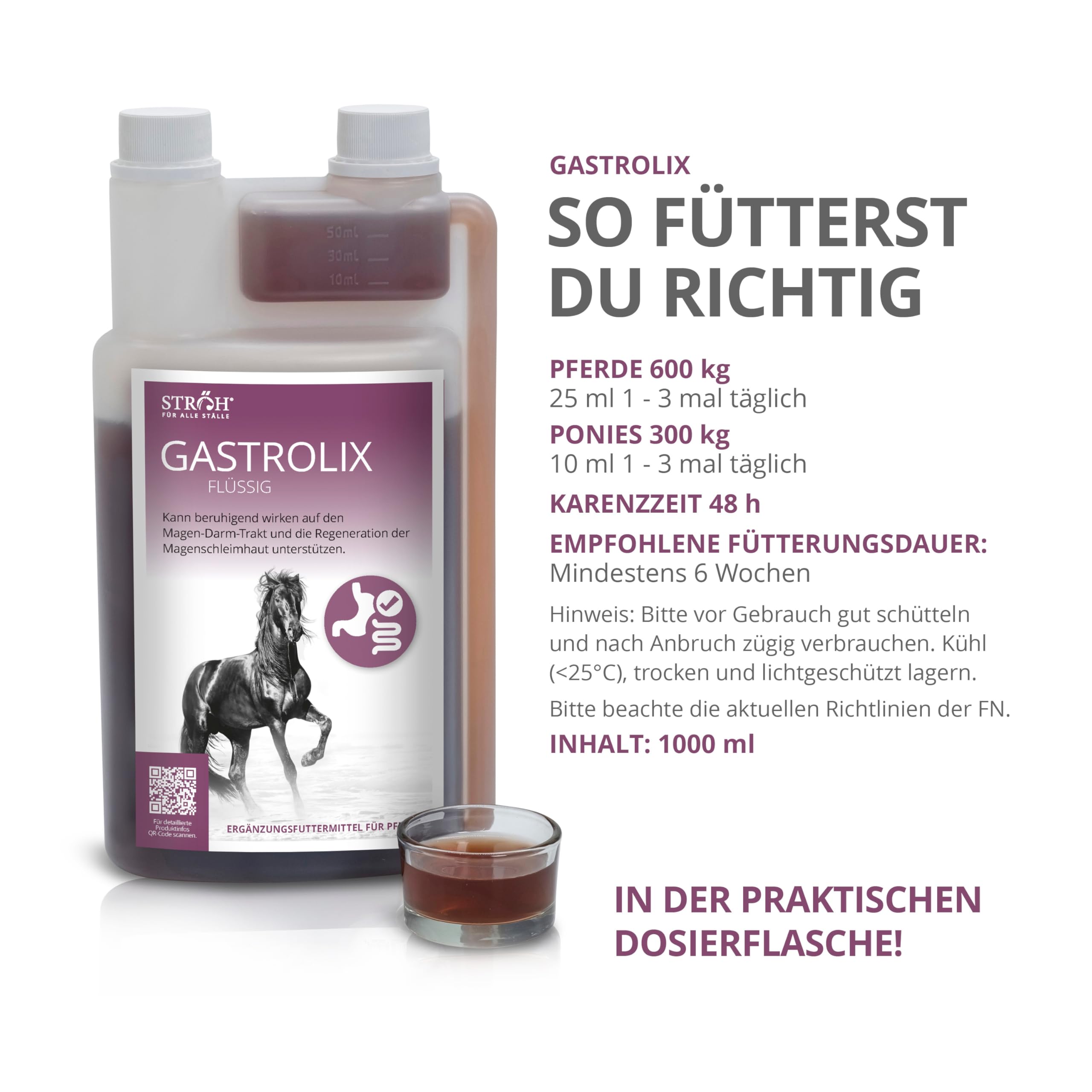STRÖH Gastrolix (1 l) • Stabilisation du tractus gastro-intestinal pour chevaux • Herbes gastriques pour chevaux • Jus gastrique pour chevaux sans sucre • Protection naturelle de l'estomac pour les