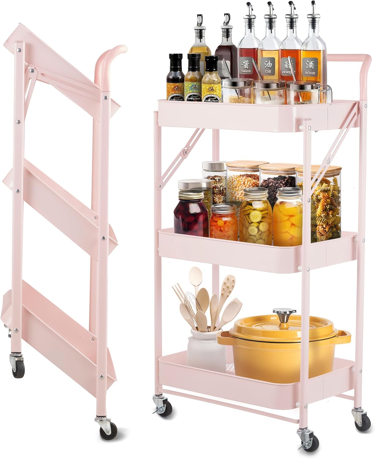 Upgraded Version Pink Folding Storage Rack 3-Tier Mesh Storage Shelf Portable Closet Shelving Unit with 360°Removable Wheels for Kitchen/Living Room/Bathroom/Laundry Room/Pantry/Garage (white)