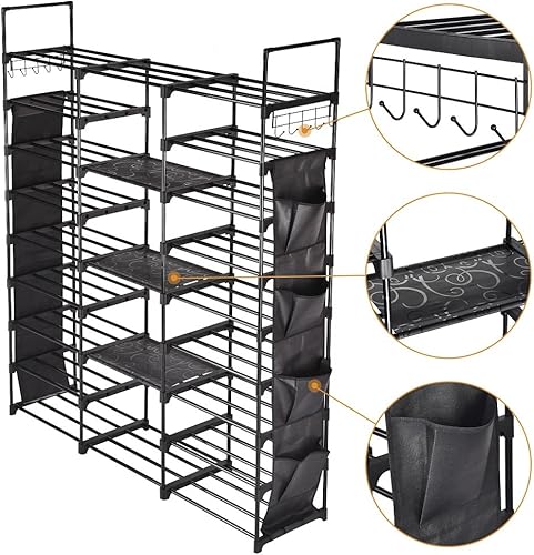 Vista 6 de Zapatero de 9 niveles, 42 pares de estantes para zapatos con ganchos laterales, metal resistente, apilable, desmontable, negro, organizador