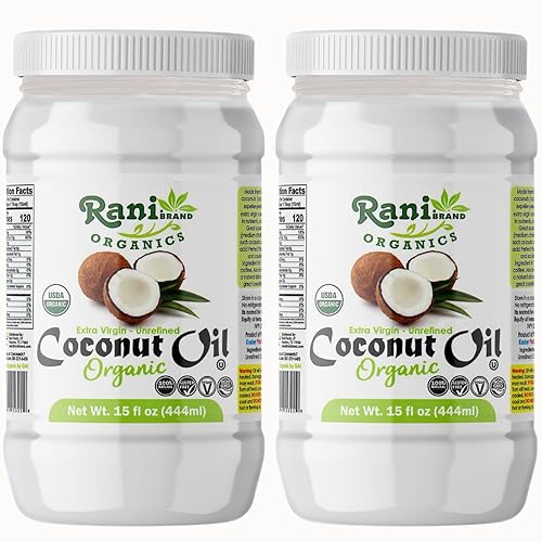Rani Aceite de coco virgen extra orgánico, sin refinar, 15 onzas líquidas (15.0 fl oz), paquete de 2, prensado en frío, sin OMG, sin gluten, kosher,