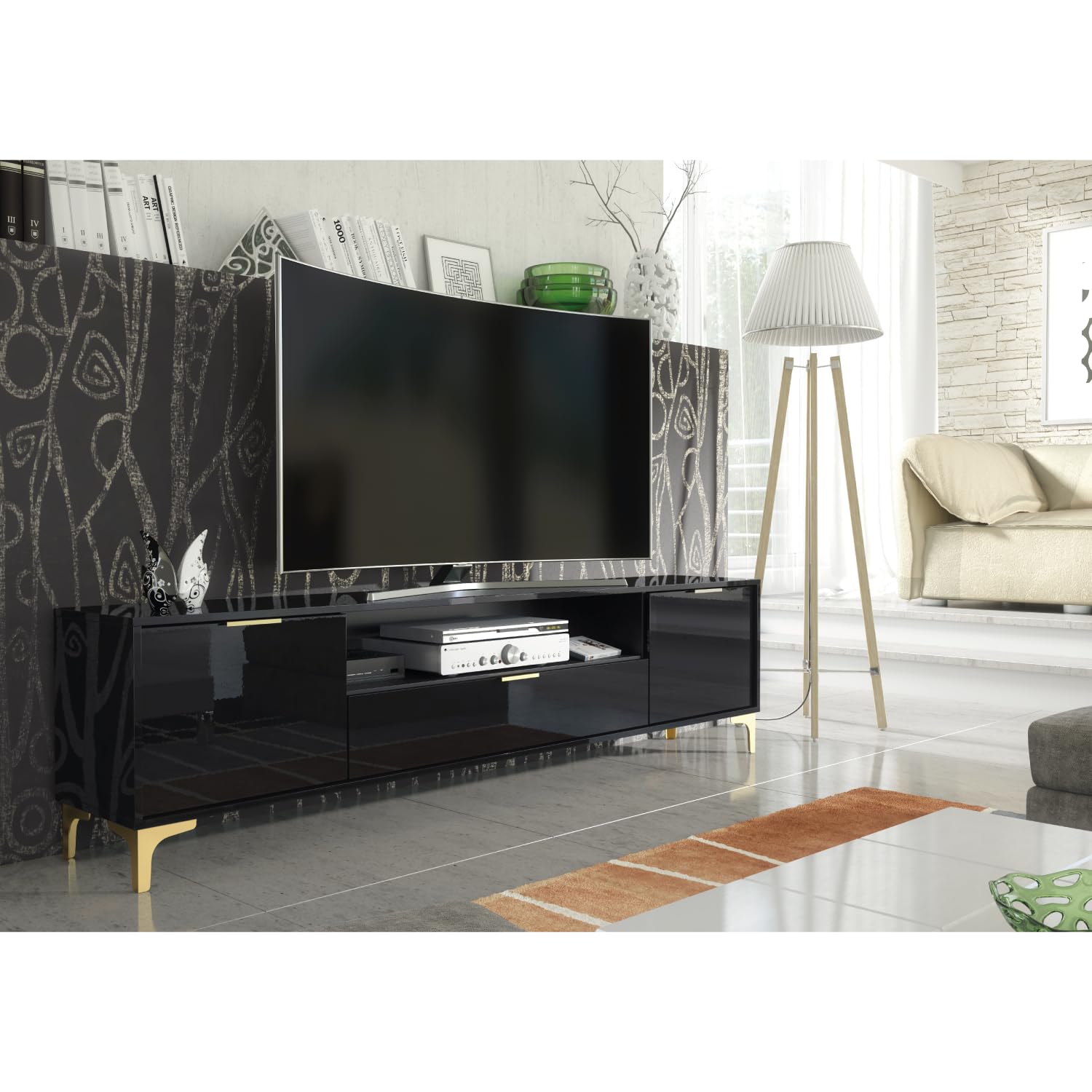 Creative Furniture TV Unit 200cm Luxury Modern Stand Cabinet Black High Gloss & Gold Finish Accents, LUX002